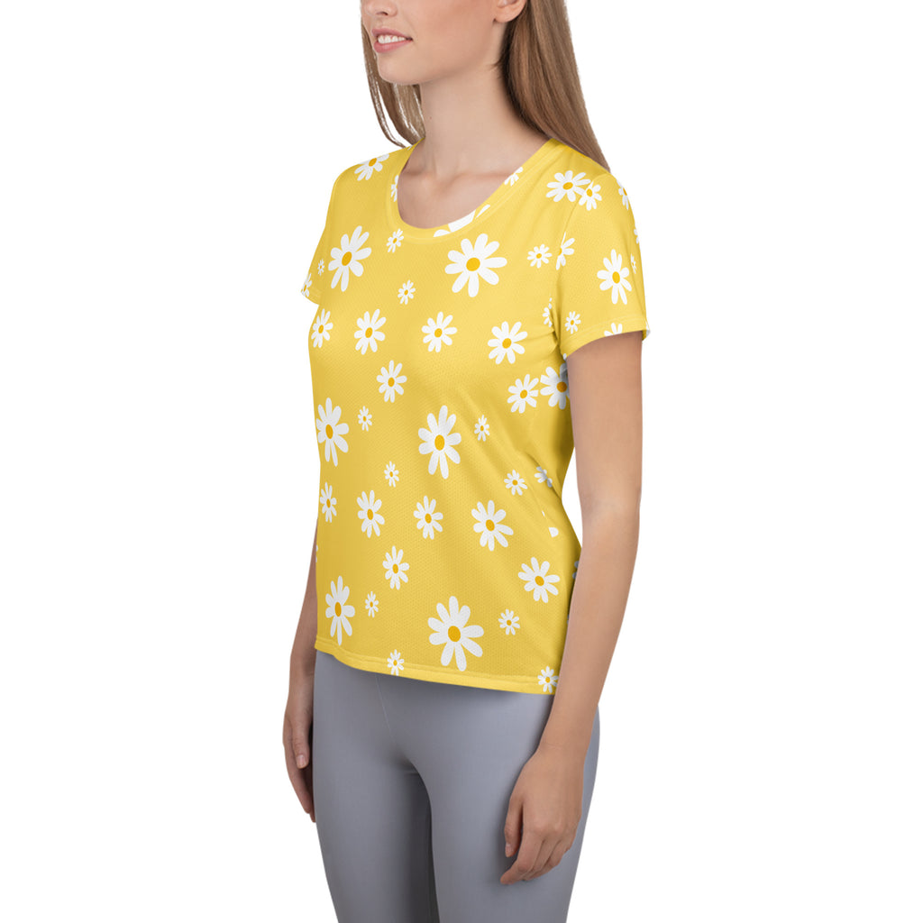 Women’s Yellow Daisy Performance Athletic T-Shirt - Lightweight Moisture Wicking Workout Top with UPF 50+