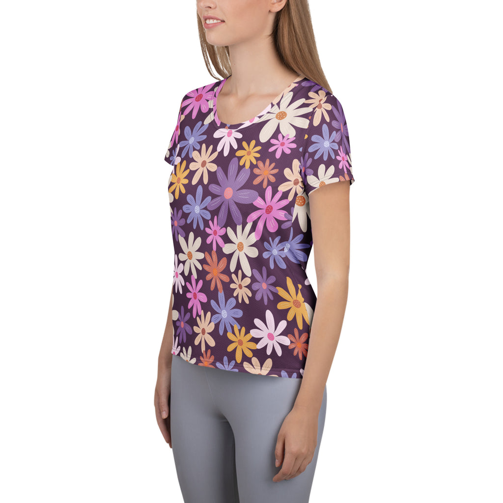Women’s Retro Purple Floral Performance Athletic T-Shirt - Lightweight Moisture Wicking Workout Top with UPF 50+