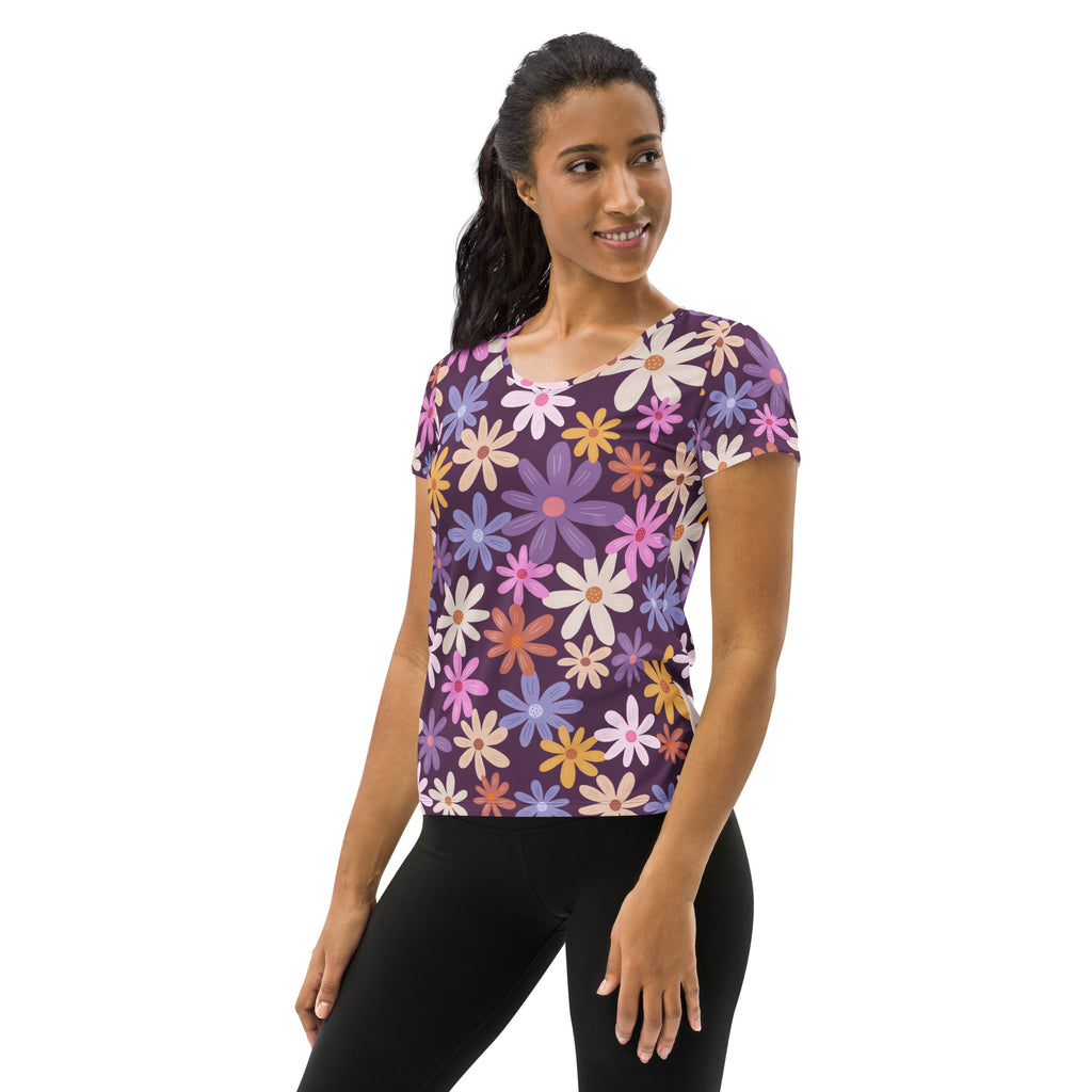 Women’s Retro Purple Floral Performance Athletic T-Shirt - Lightweight Moisture Wicking Workout Top with UPF 50+