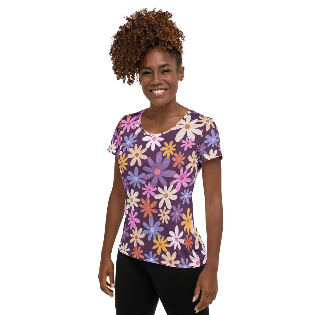 Women’s Retro Purple Floral Performance Athletic T-Shirt - Lightweight Moisture Wicking Workout Top with UPF 50+