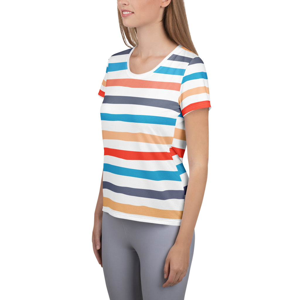 Women’s Colorful Striped Beach Performance Athletic T-Shirt - Lightweight Moisture Wicking Workout Top with UPF 50+