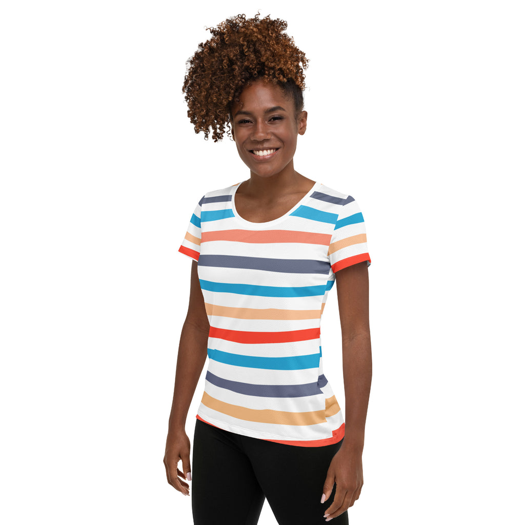 Women’s Colorful Striped Beach Performance Athletic T-Shirt - Lightweight Moisture Wicking Workout Top with UPF 50+