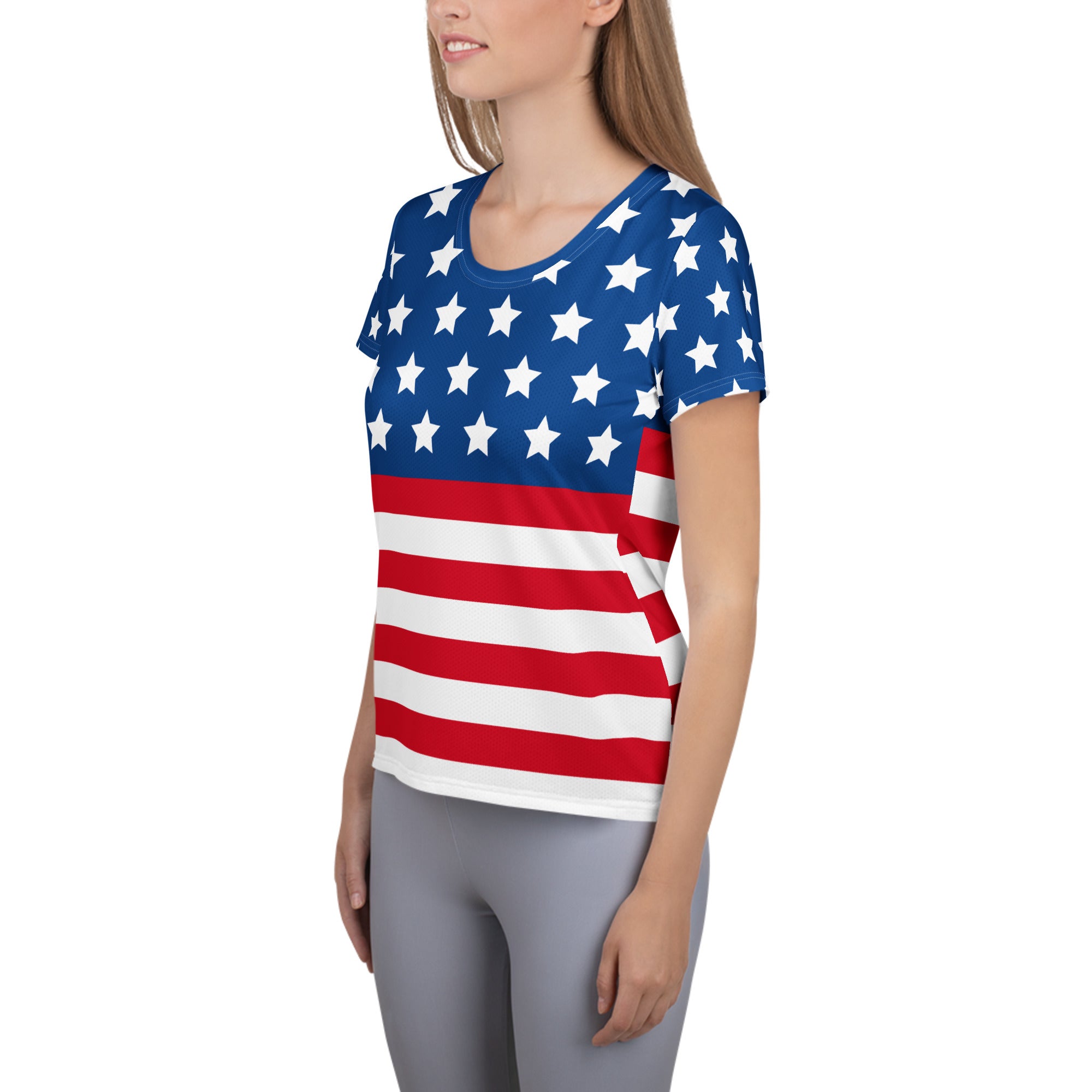 Women’s USA Flag Performance Athletic T-Shirt - Lightweight Moisture Wicking Workout Top with UPF 50+