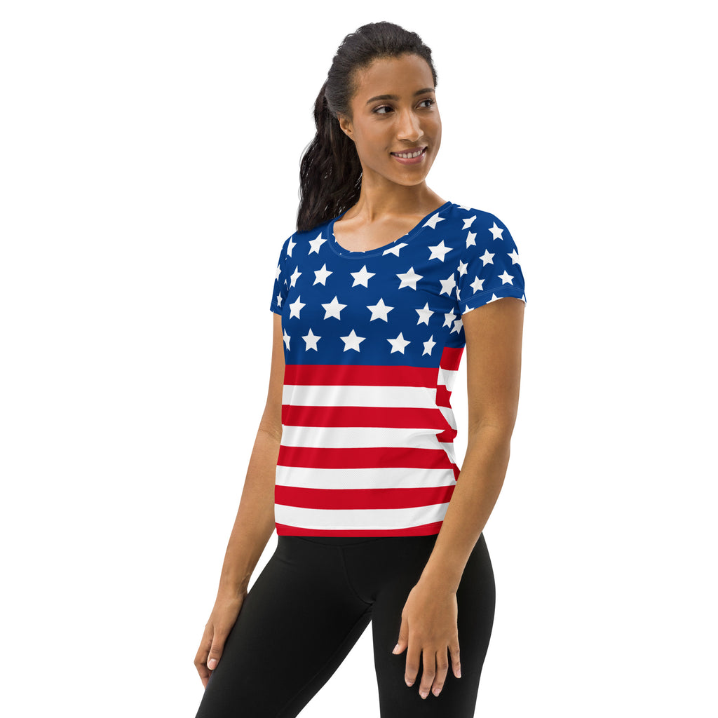 Women’s USA Flag Performance Athletic T-Shirt - Lightweight Moisture Wicking Workout Top with UPF 50+