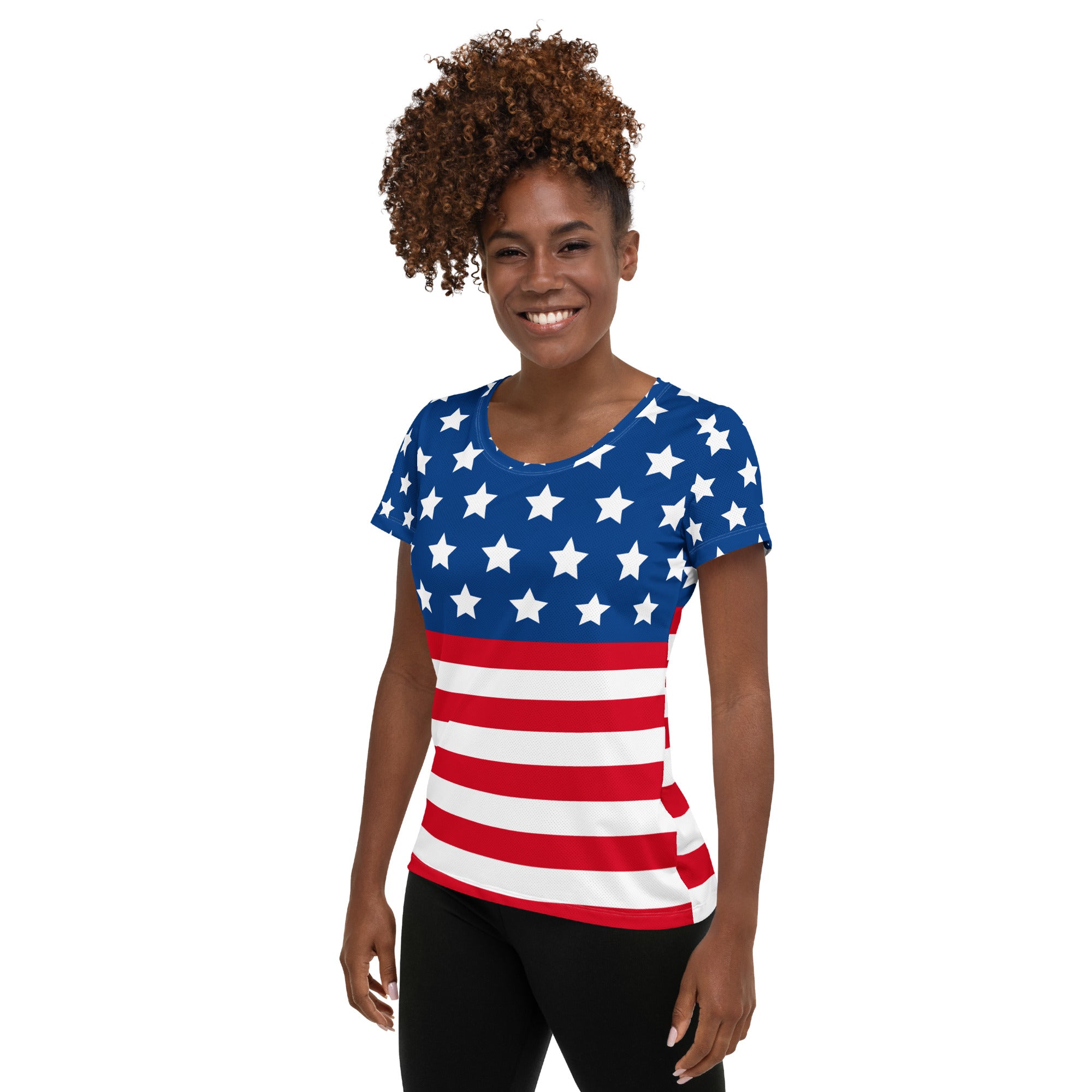 Women’s USA Flag Performance Athletic T-Shirt - Lightweight Moisture Wicking Workout Top with UPF 50+
