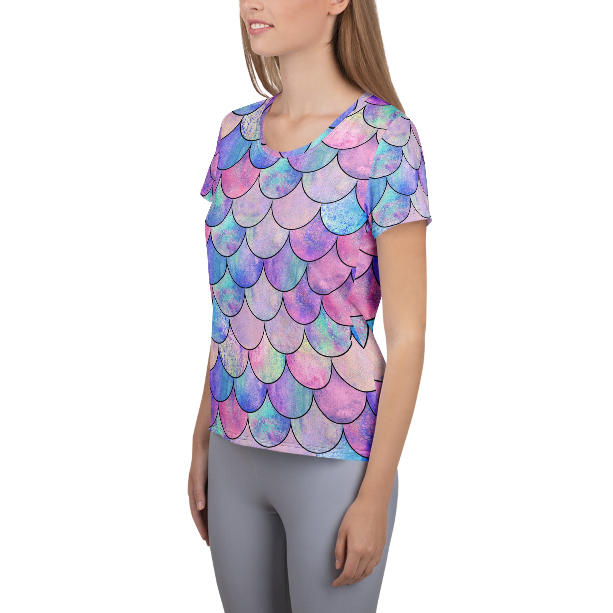 Women’s Pastel Mermaid Performance Athletic T-Shirt - Lightweight Moisture Wicking Workout Top with UPF 50+
