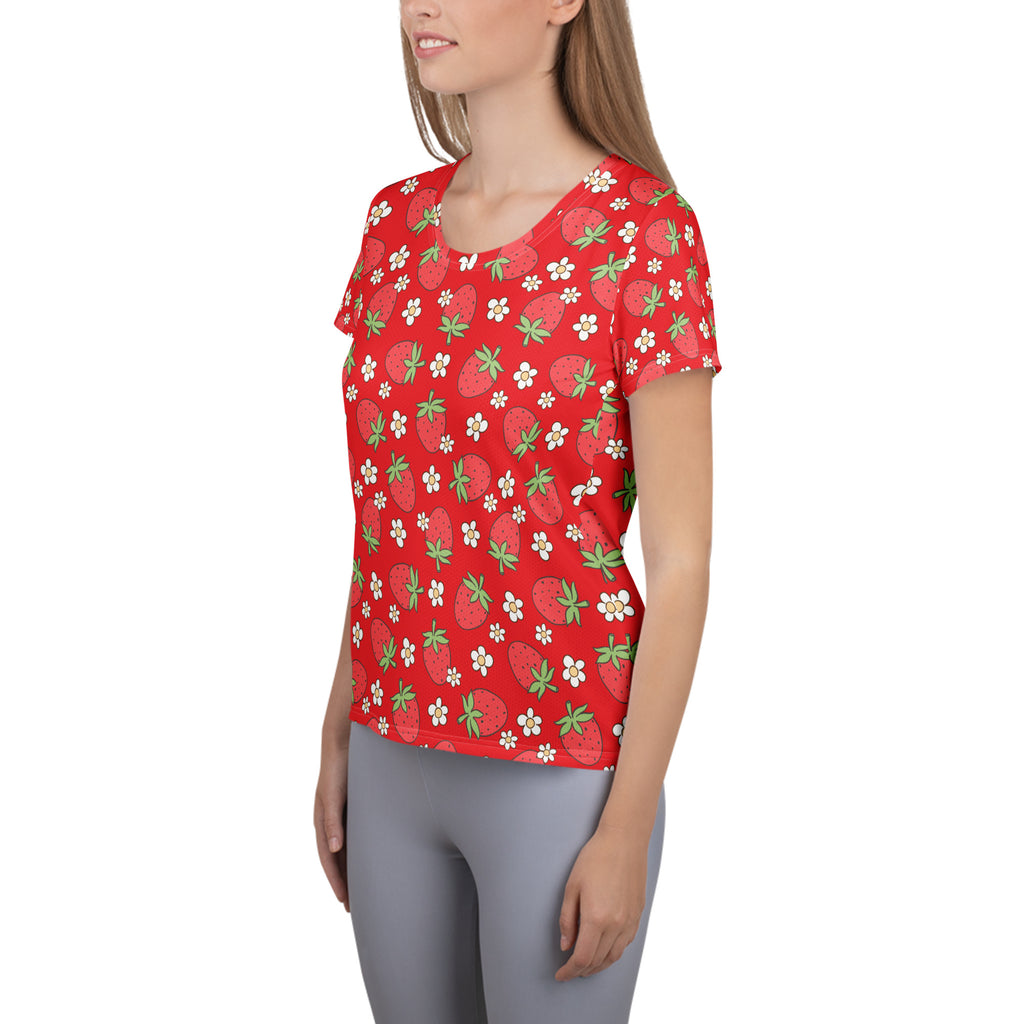 Women’s Strawberry Daisy Performance Athletic T-Shirt - Lightweight Moisture Wicking Workout Top with UPF 50+
