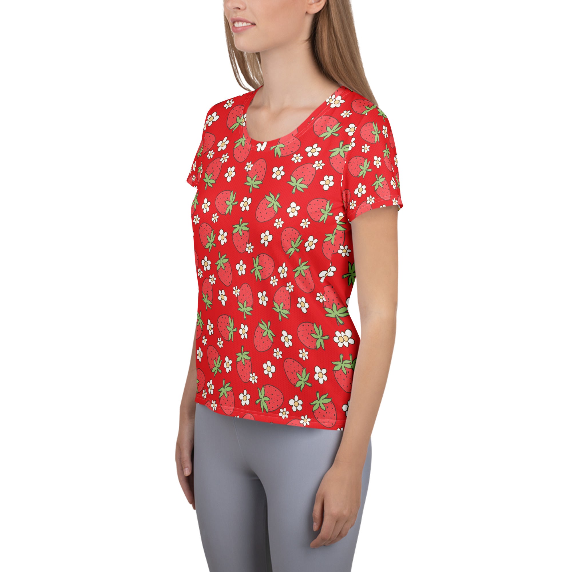 Women’s Strawberry Daisy Performance Athletic T-Shirt - Lightweight Moisture Wicking Workout Top with UPF 50+