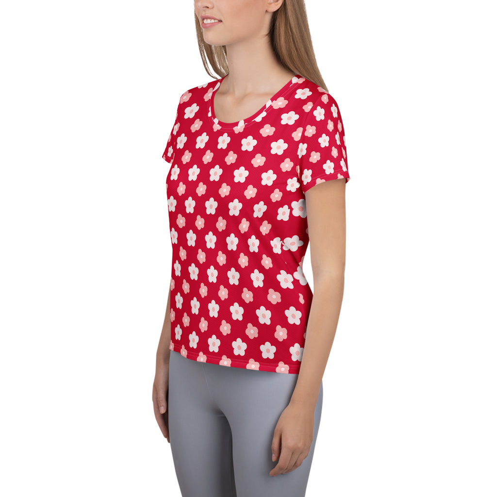 Women’s ed & Pink Floral Performance Athletic T-Shirt - Lightweight Moisture Wicking Workout Top with UPF 50+