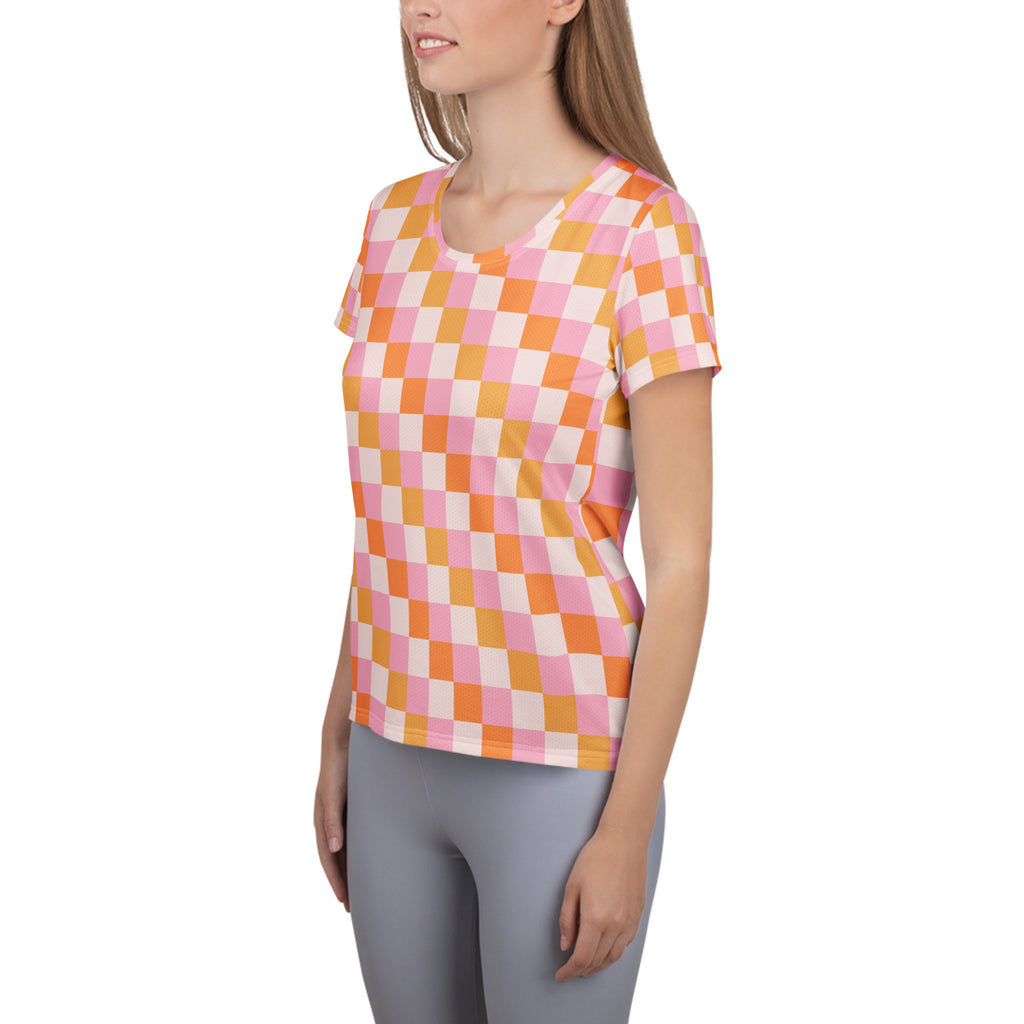 Women’s Pink & Orange Checkerboard Sunset Performance Athletic T-Shirt - Lightweight Moisture Wicking Workout Top with UPF 50+