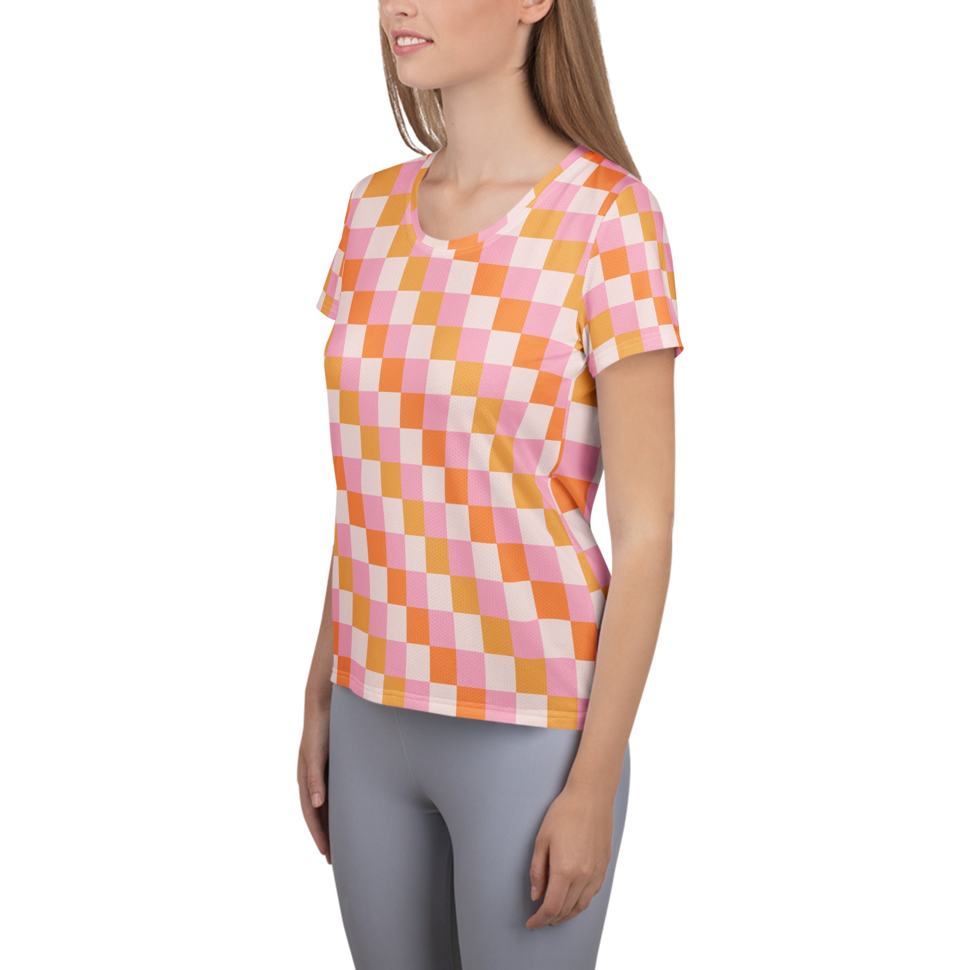 Women’s Pink & Orange Checkerboard Sunset Performance Athletic T-Shirt - Lightweight Moisture Wicking Workout Top with UPF 50+