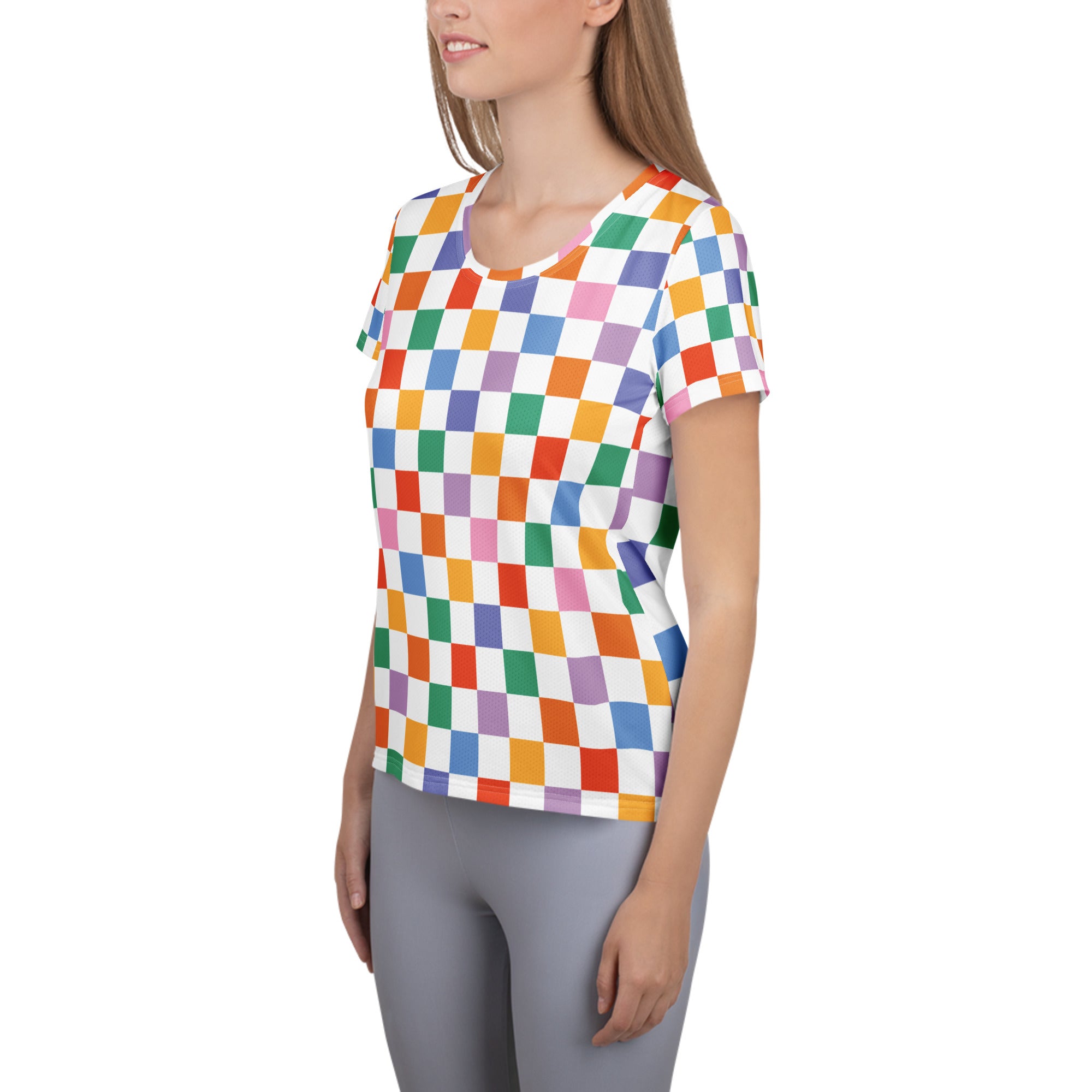 Women’s Colorful Checkerboard Performance Athletic T-Shirt - Lightweight Moisture Wicking Workout Top with UPF 50+