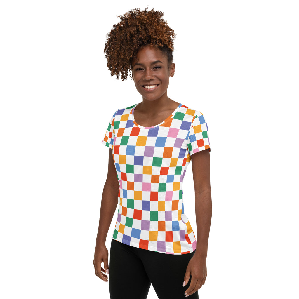 Women’s Colorful Checkerboard Performance Athletic T-Shirt - Lightweight Moisture Wicking Workout Top with UPF 50+