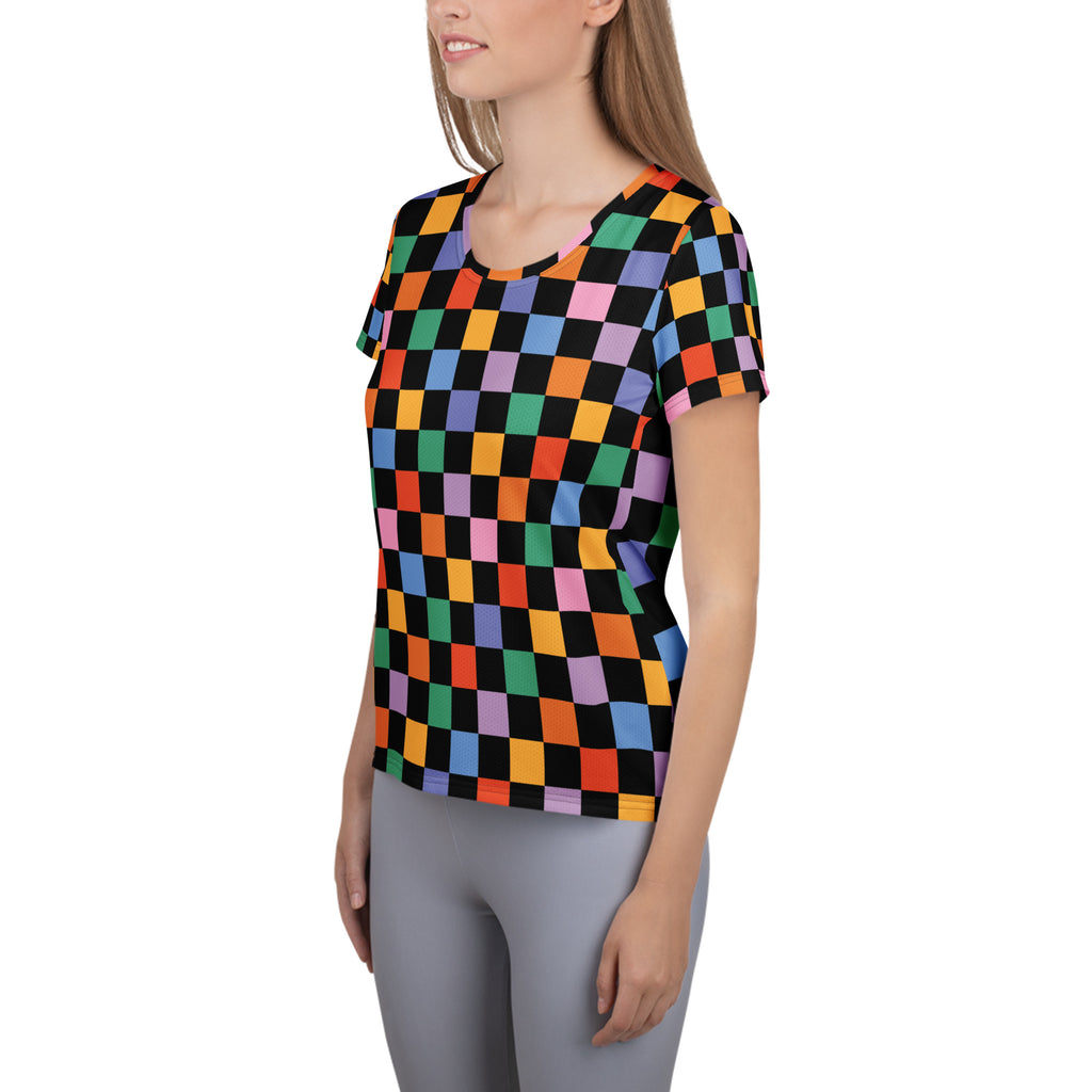 Women’s Colorful Checkerboard Performance Athletic T-Shirt - Lightweight Moisture Wicking Workout Top with UPF 50+