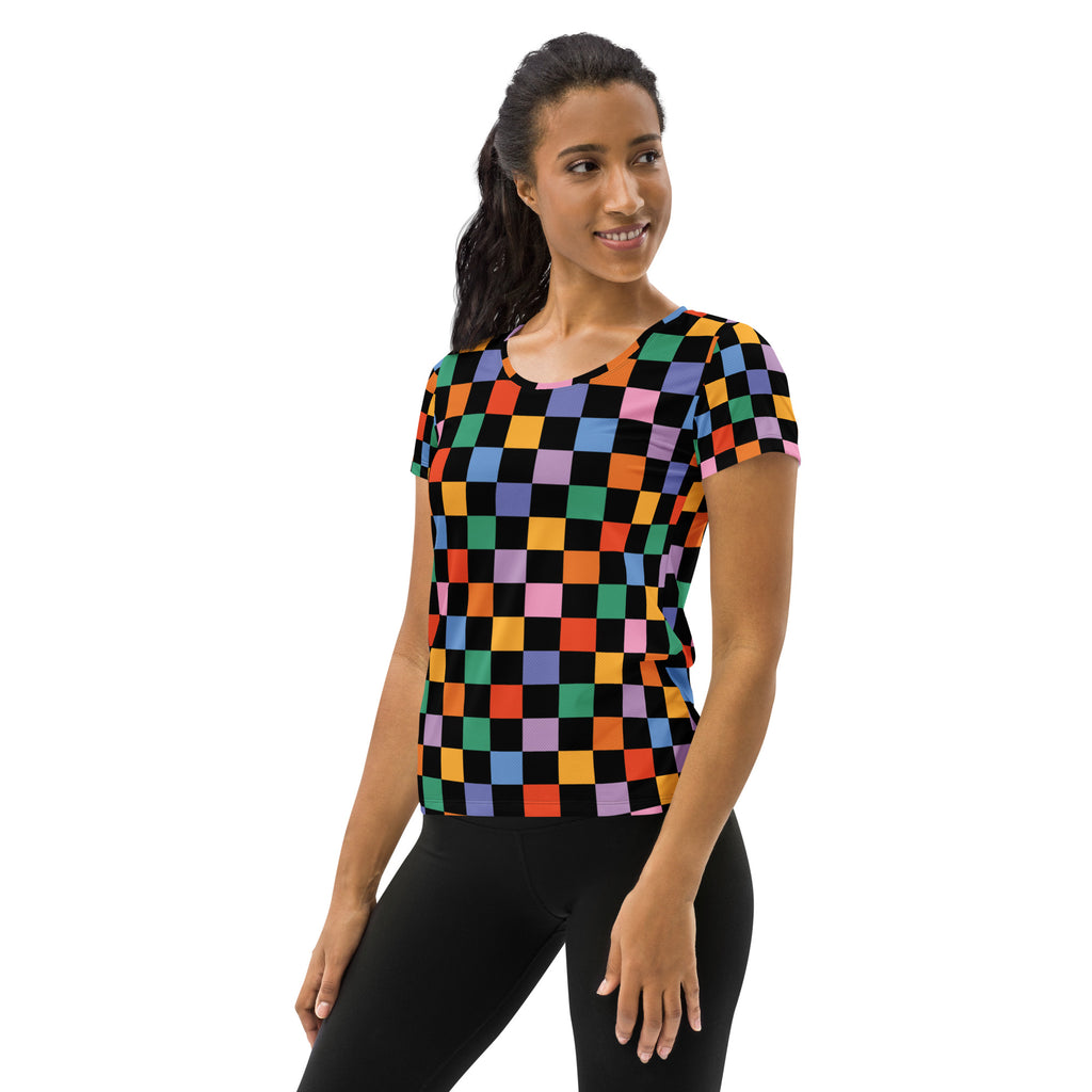 Women’s Colorful Checkerboard Performance Athletic T-Shirt - Lightweight Moisture Wicking Workout Top with UPF 50+
