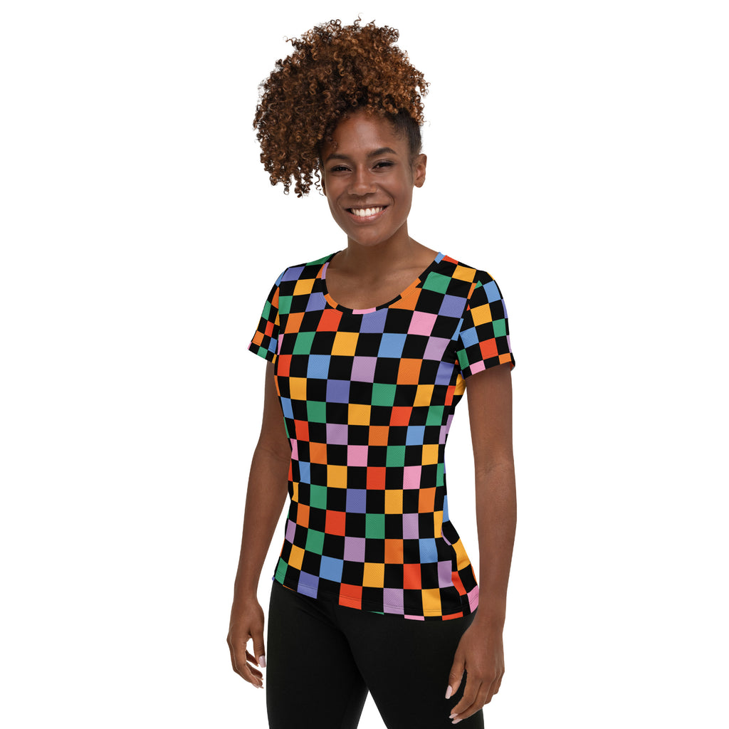 Women’s Colorful Checkerboard Performance Athletic T-Shirt - Lightweight Moisture Wicking Workout Top with UPF 50+