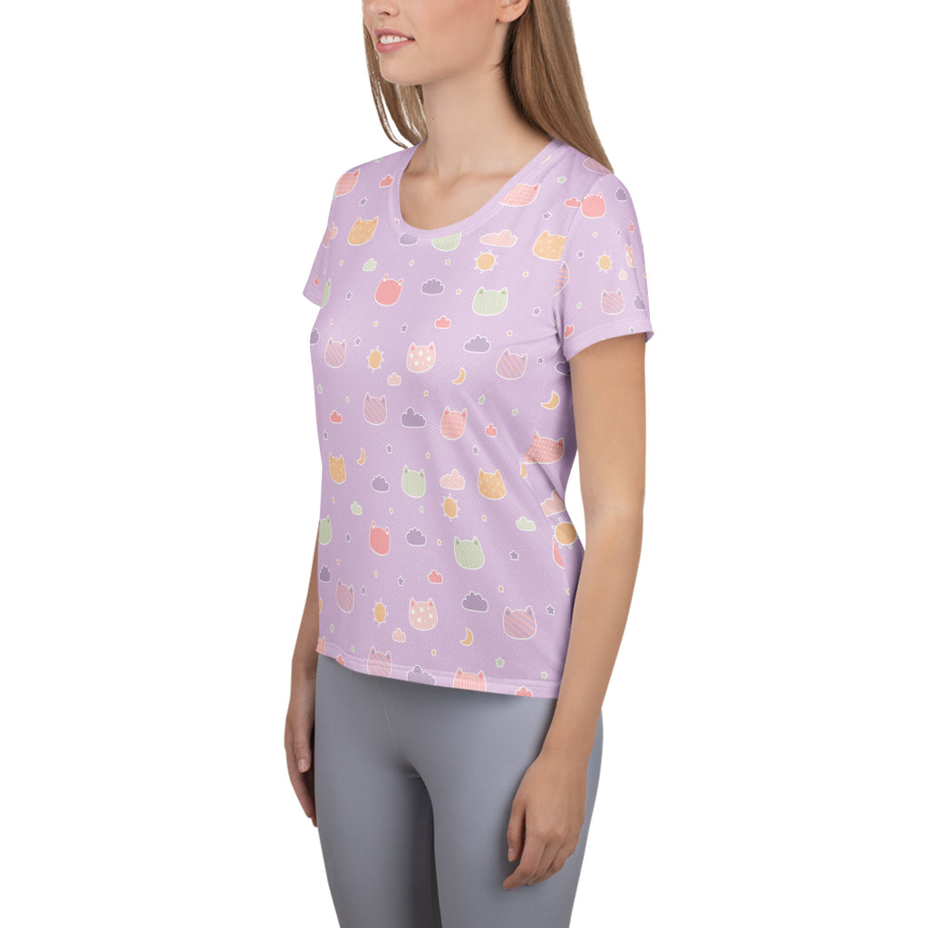 Women’s Pastel Purple Kawaii Cat & Cloud Performance Athletic T-Shirt - Lightweight Moisture Wicking Workout Top with UPF 50+