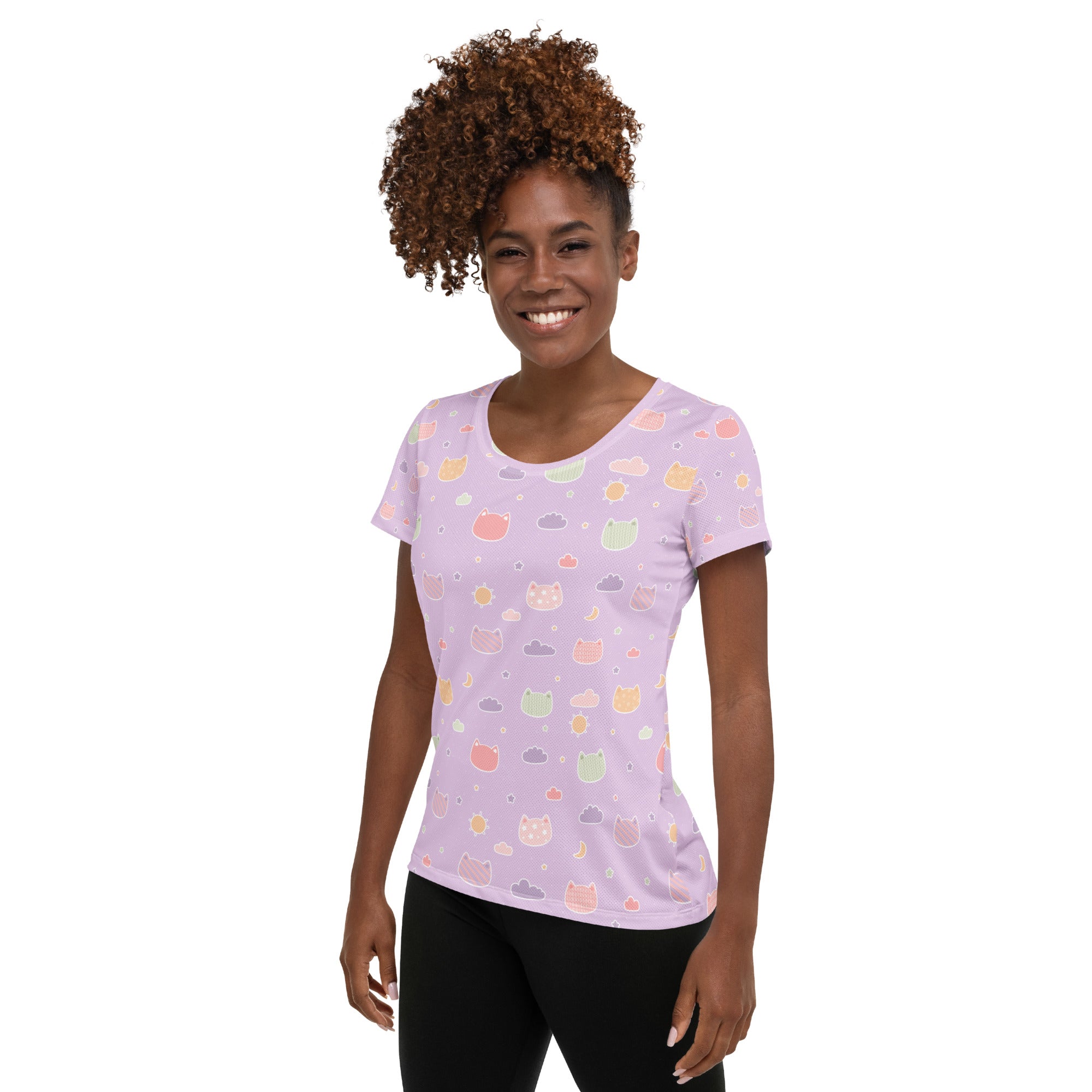 Women’s Pastel Purple Kawaii Cat & Cloud Performance Athletic T-Shirt - Lightweight Moisture Wicking Workout Top with UPF 50+
