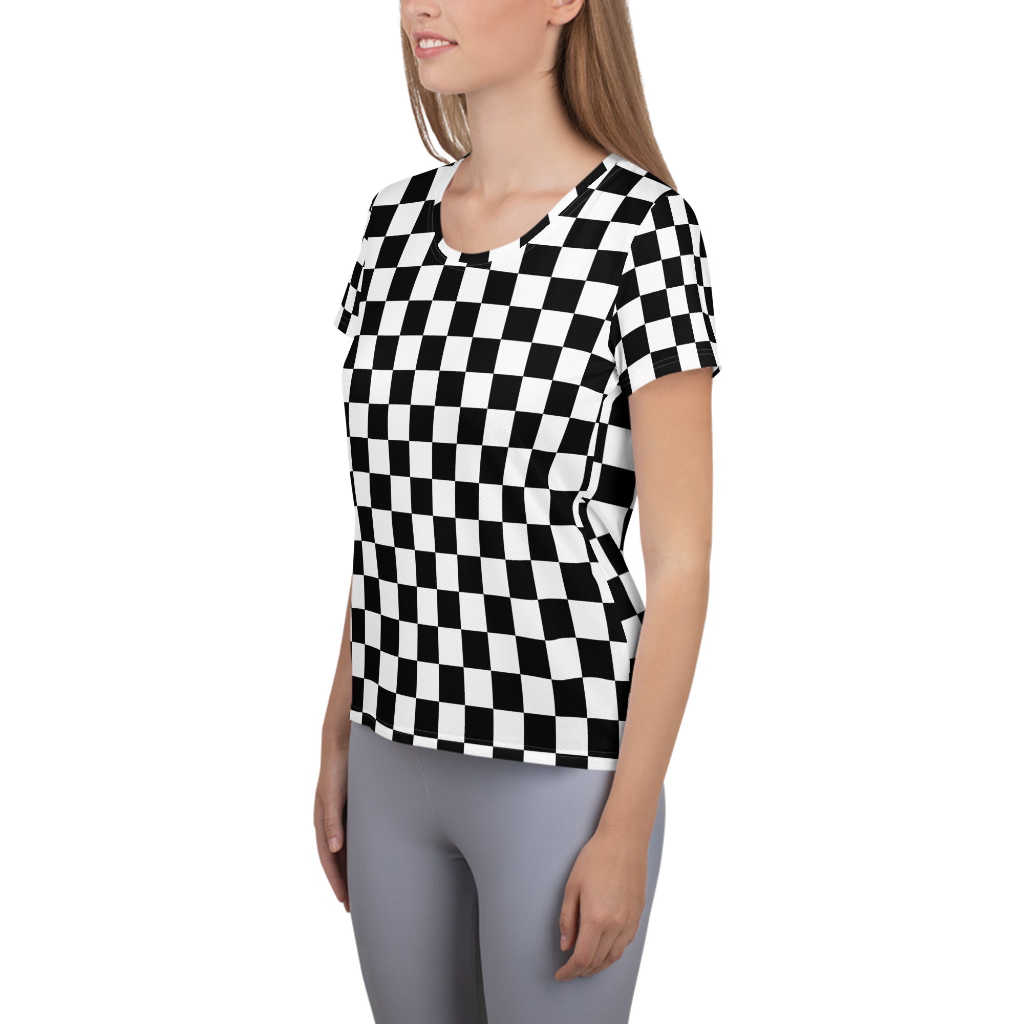 Women’s Checkered Athletic T-Shirt - Lightweight Moisture Wicking Workout Top with UPF 50+