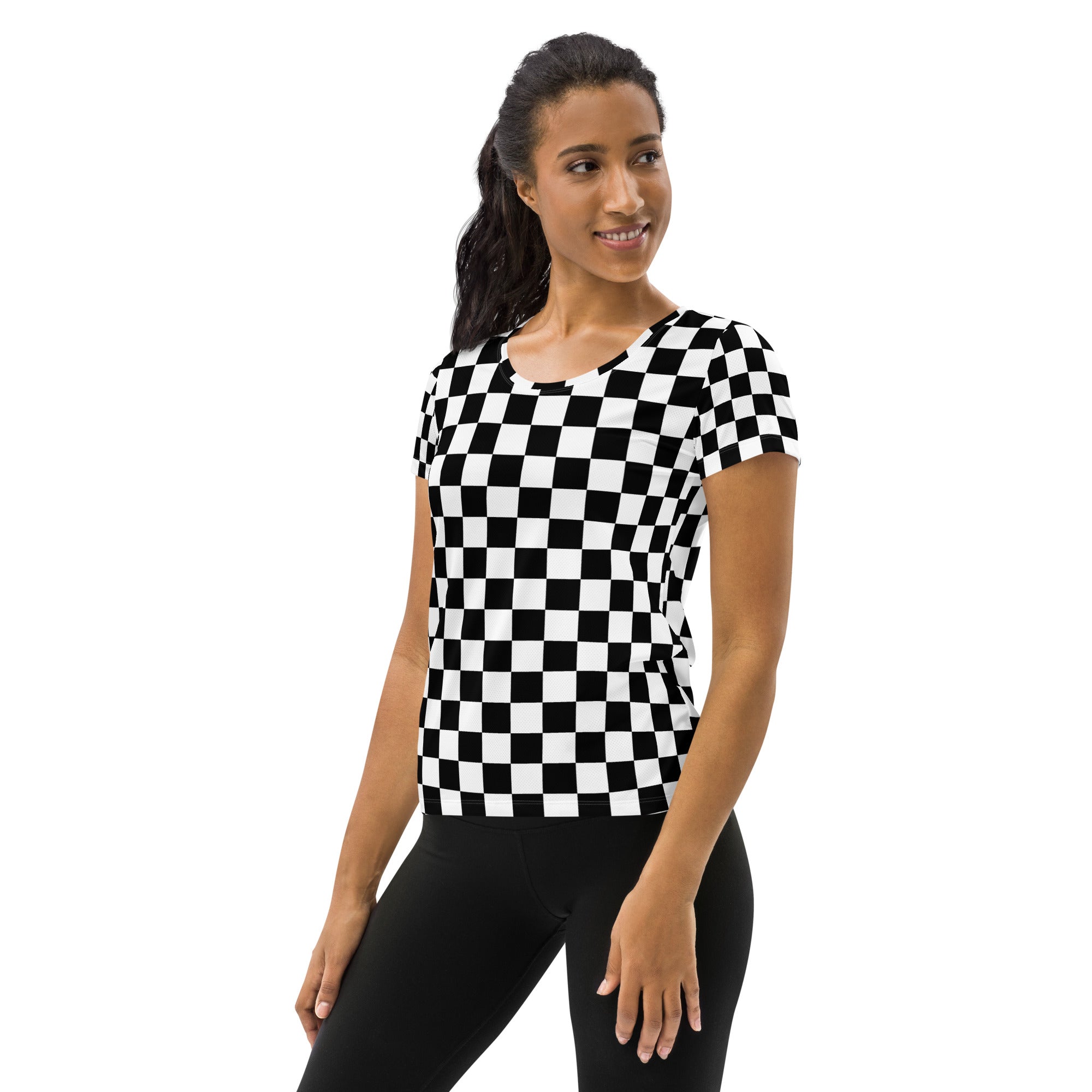 Women’s Checkered Athletic T-Shirt - Lightweight Moisture Wicking Workout Top with UPF 50+