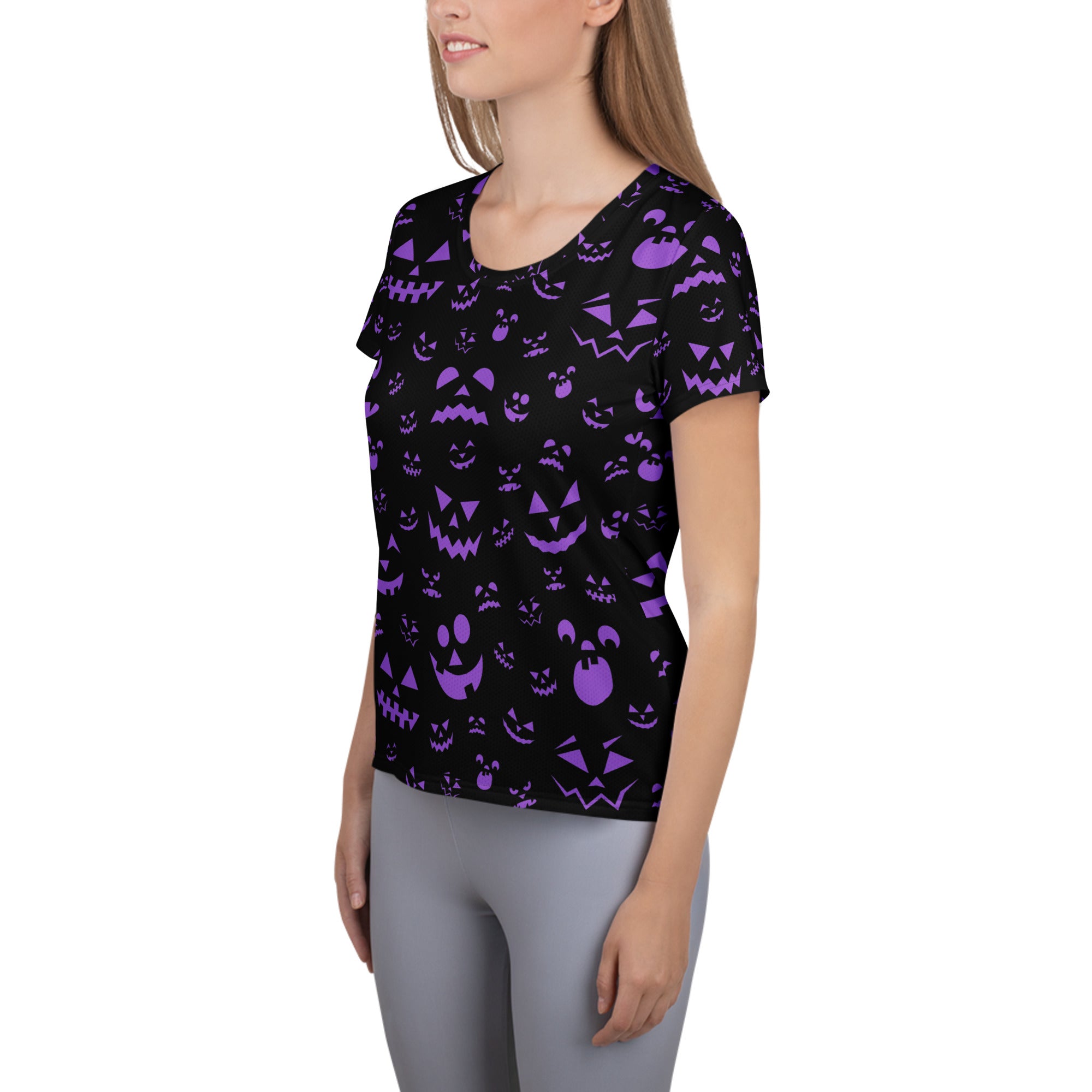 Women’s Purple Jack-O'-Lantern Athletic T-Shirt - Lightweight Moisture Wicking Workout Top with UPF 50+