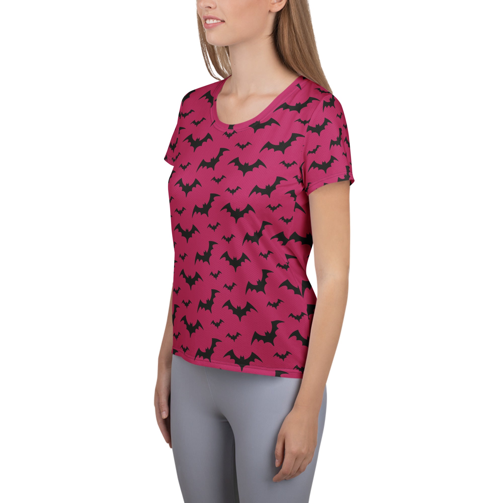 Women’s Dark Pink Bats Halloween Performance Athletic T-Shirt - Lightweight Moisture Wicking Workout Top with UPF 50+