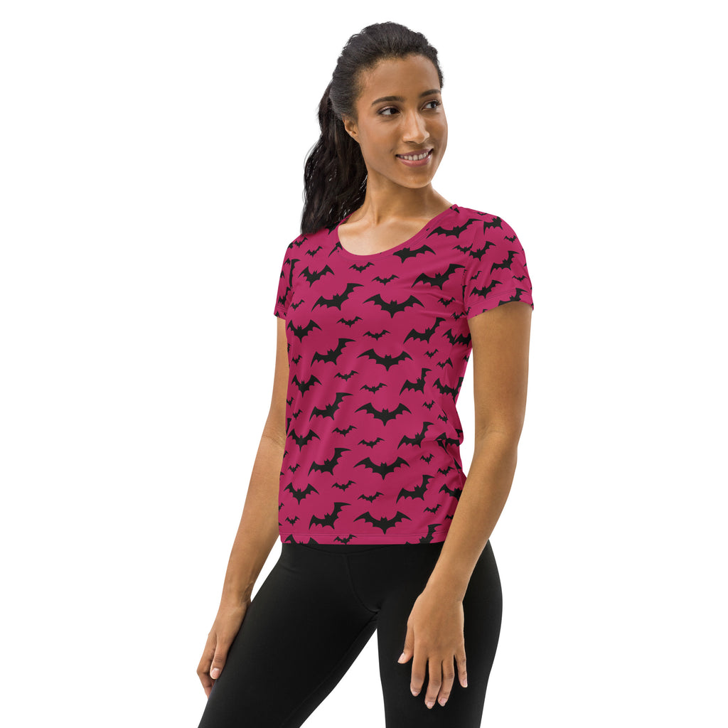 Women’s Dark Pink Bats Halloween Performance Athletic T-Shirt - Lightweight Moisture Wicking Workout Top with UPF 50+