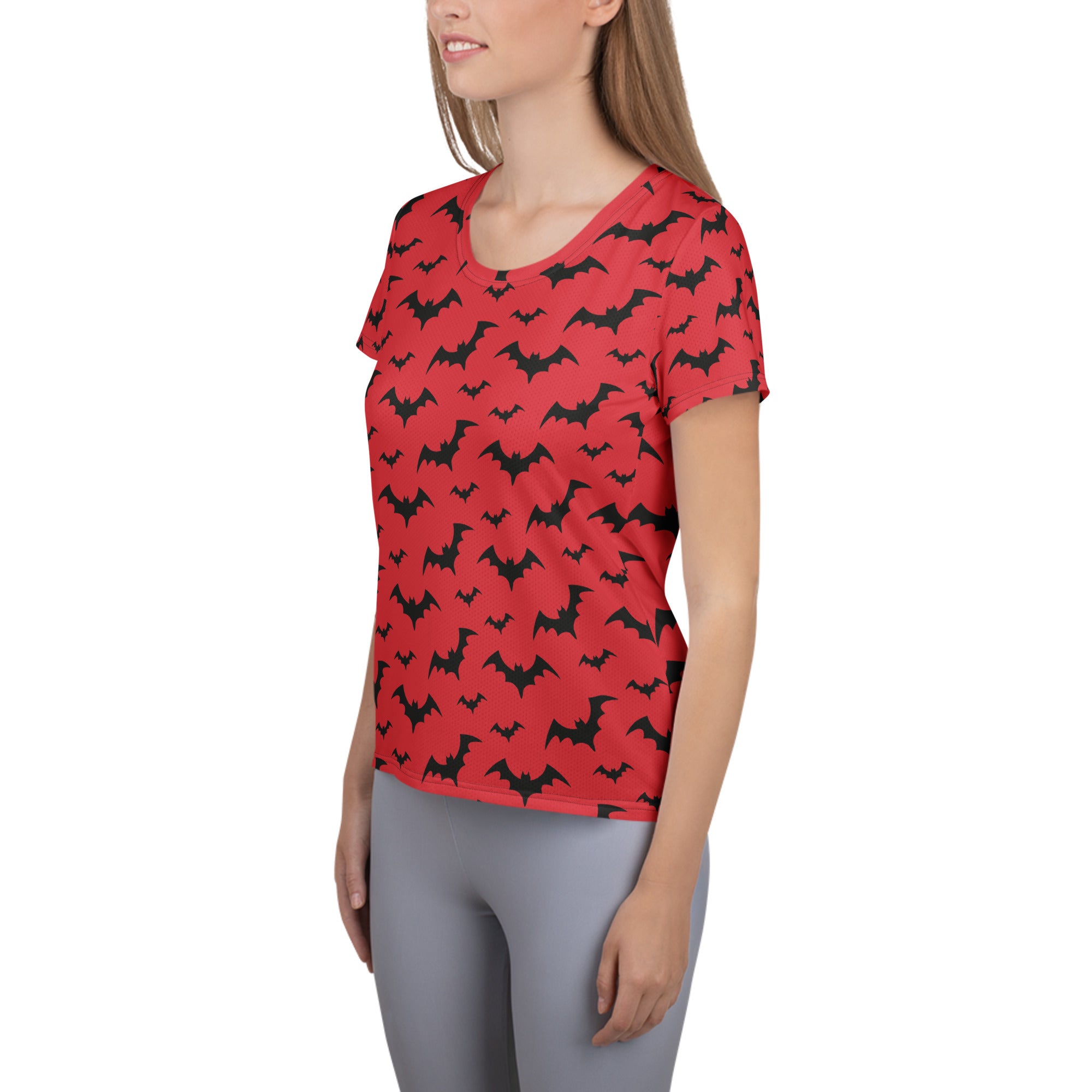 Women’s Red Bats Halloween Performance Athletic T-Shirt - Lightweight Moisture Wicking Workout Top with UPF 50+