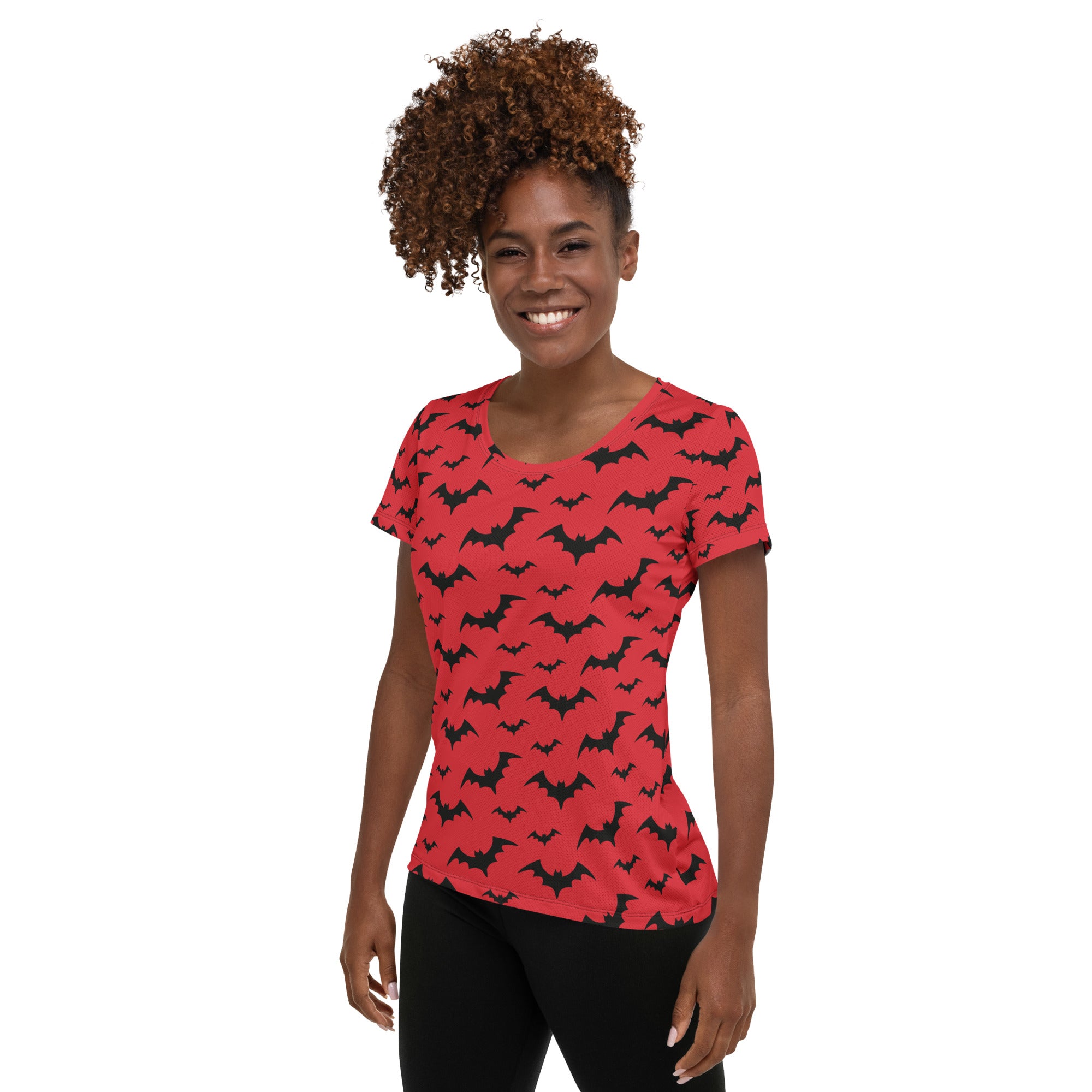 Women’s Red Bats Halloween Performance Athletic T-Shirt - Lightweight Moisture Wicking Workout Top with UPF 50+