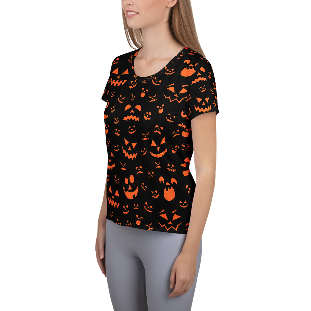 Women’s Orange Jack-O'-Lantern Athletic T-Shirt - Lightweight Moisture Wicking Workout Top with UPF 50+
