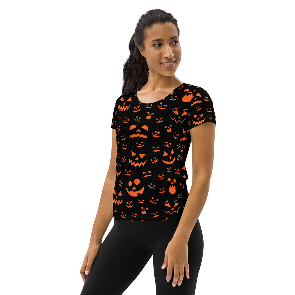 Women’s Orange Jack-O'-Lantern Athletic T-Shirt - Lightweight Moisture Wicking Workout Top with UPF 50+