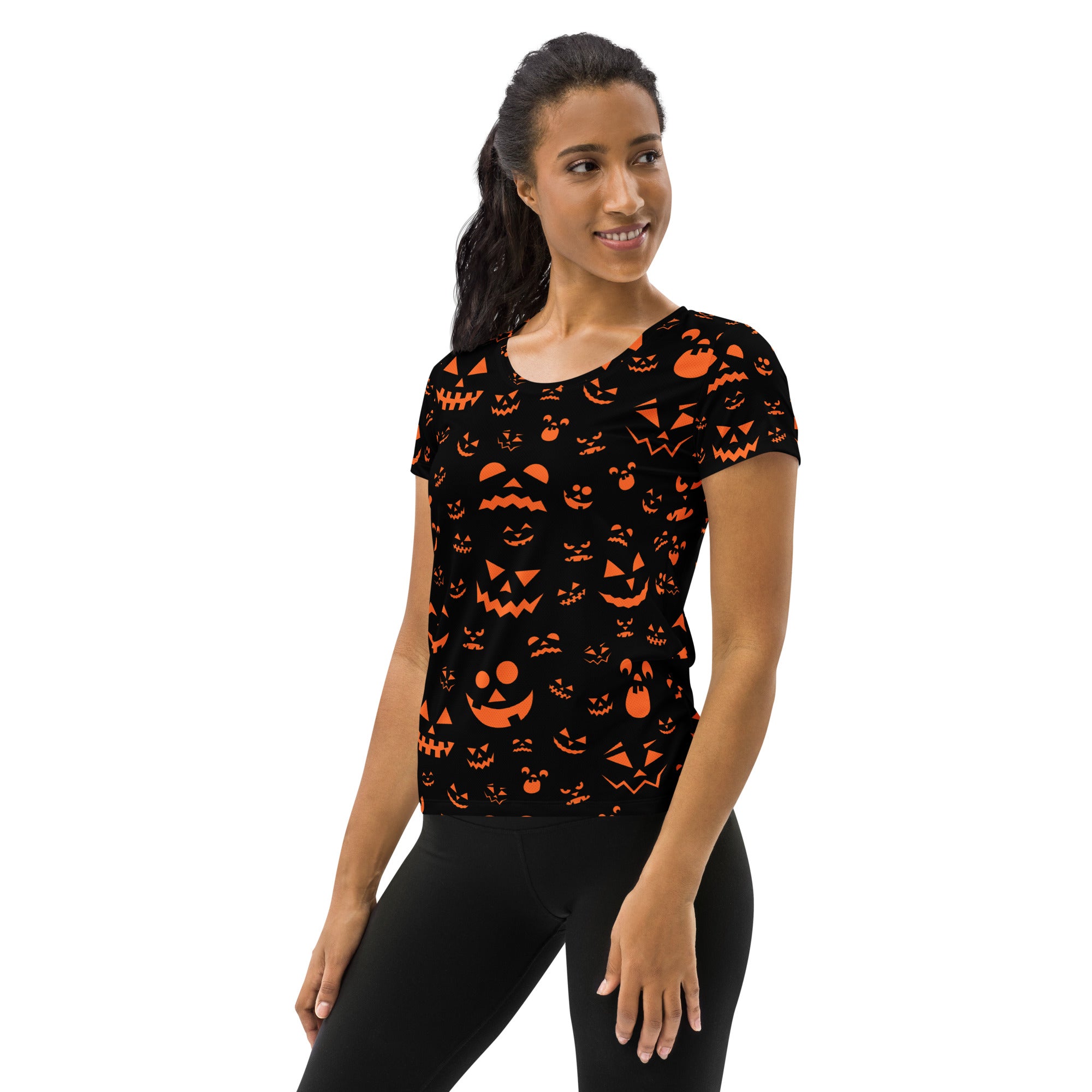 Women’s Orange Jack-O'-Lantern Athletic T-Shirt - Lightweight Moisture Wicking Workout Top with UPF 50+