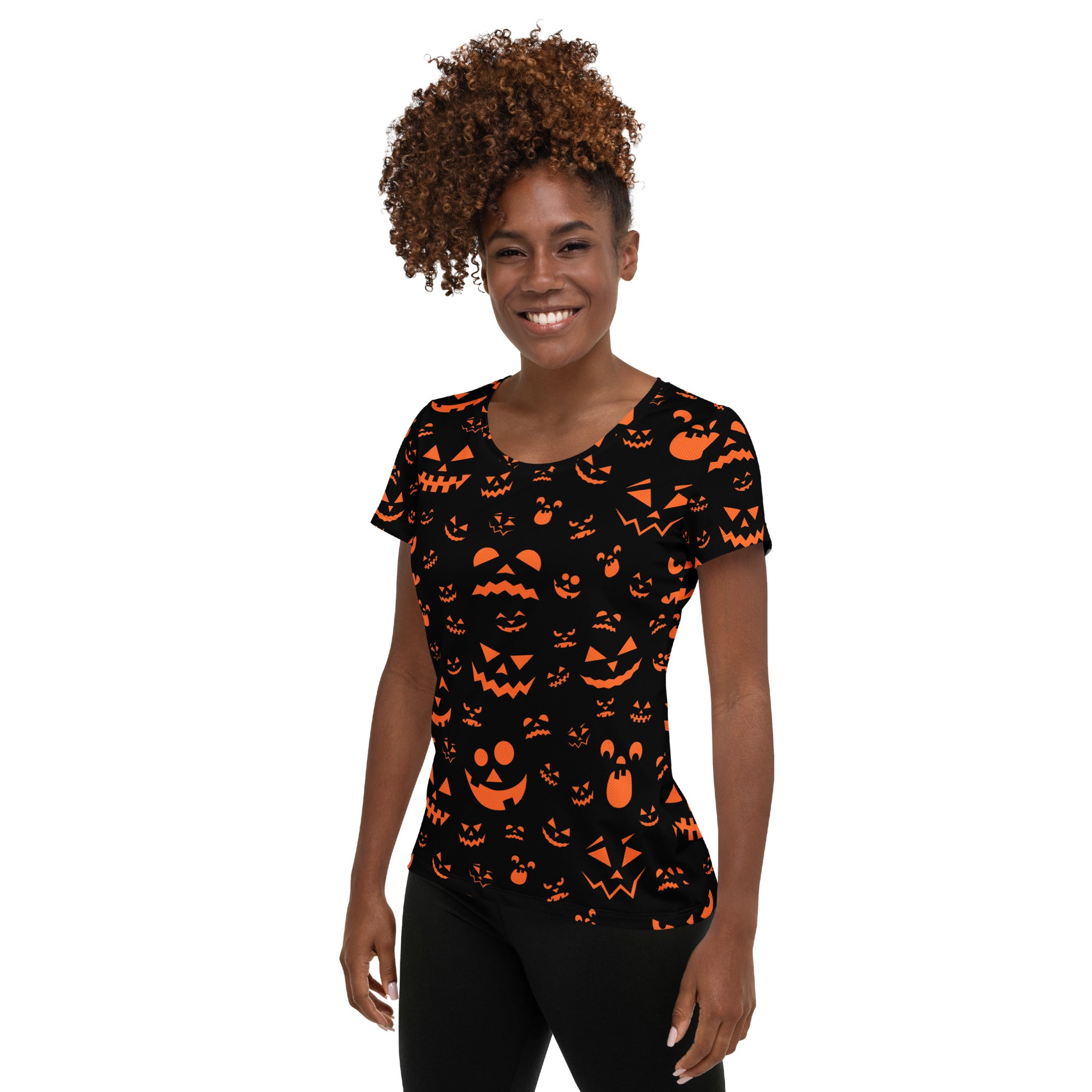 Women’s Orange Jack-O'-Lantern Athletic T-Shirt - Lightweight Moisture Wicking Workout Top with UPF 50+