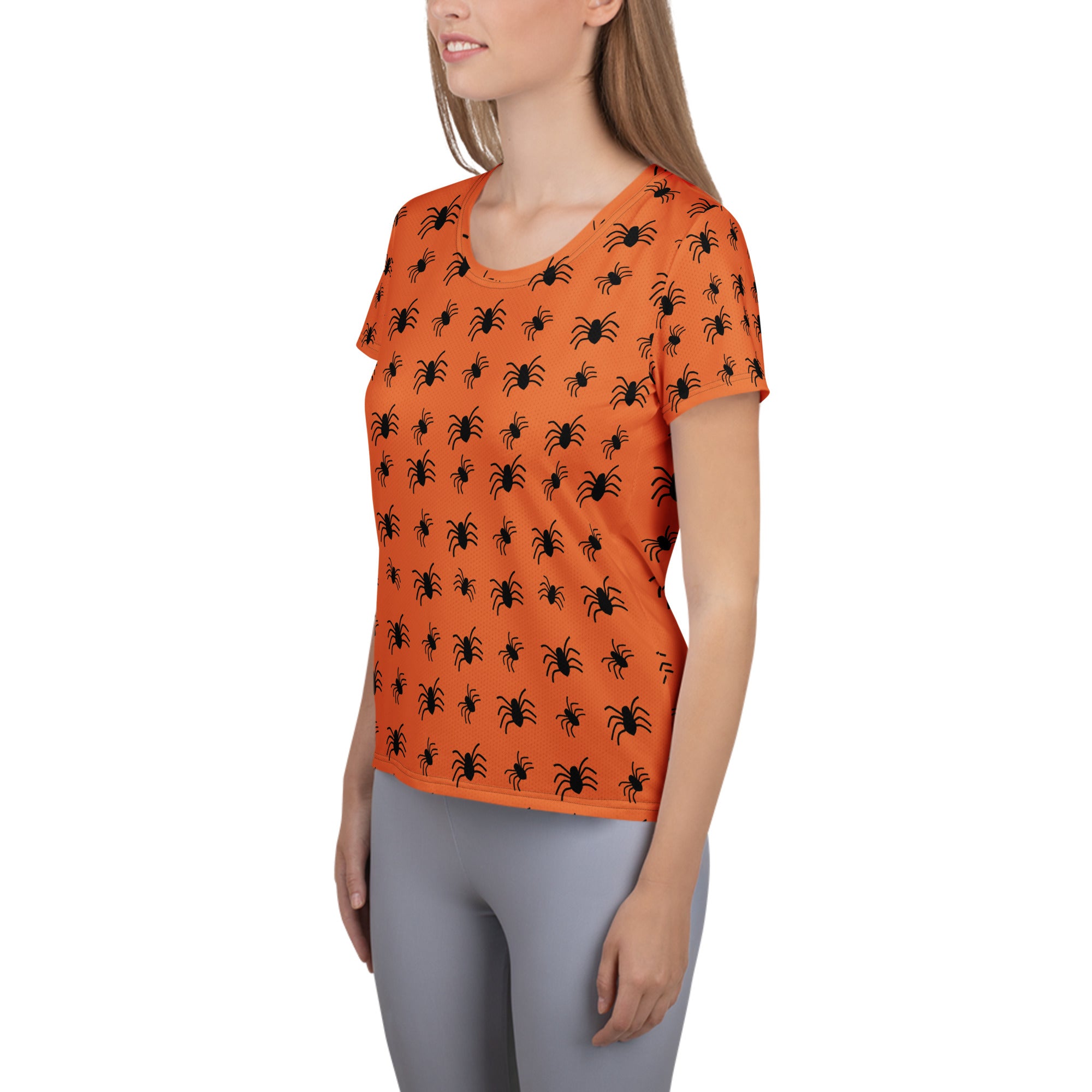 Women’s Orange Spider Halloween Athletic T-Shirt - Lightweight Moisture Wicking Workout Top with UPF 50+