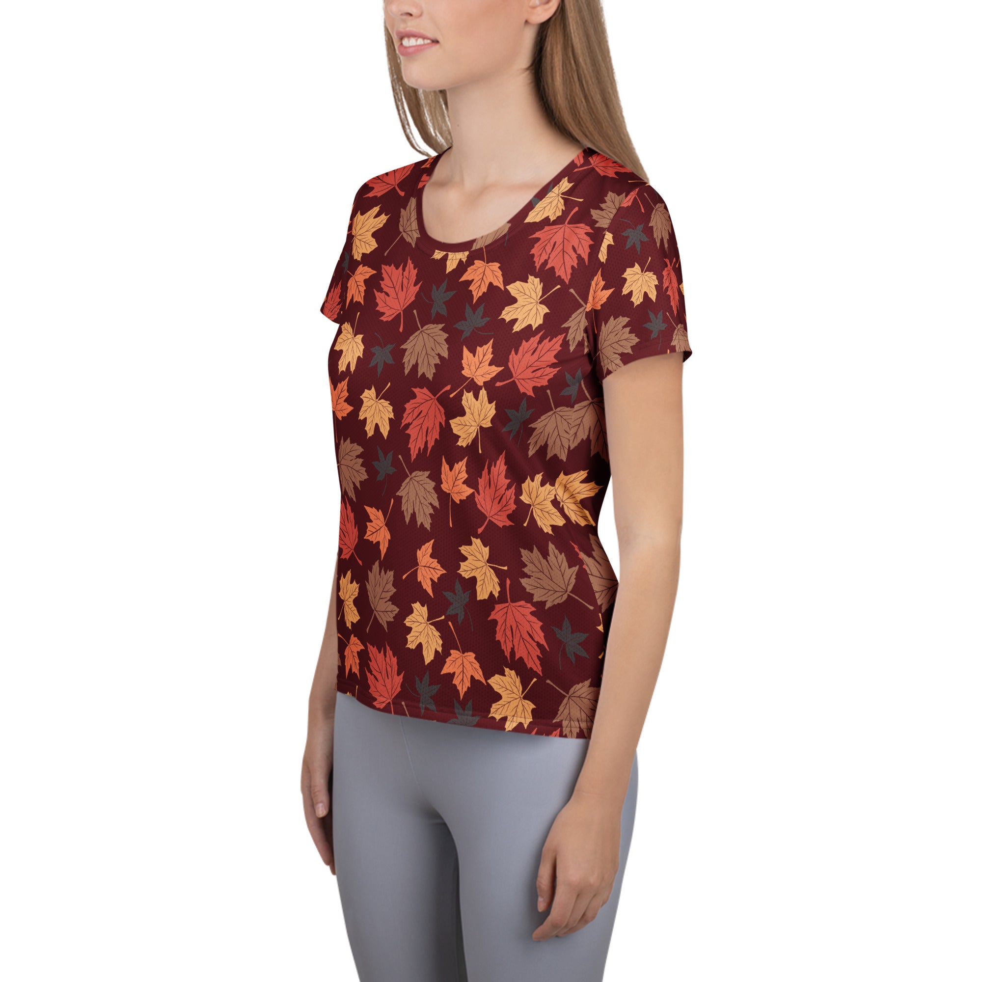 Women’s Autumn Maple Leaves Athletic T-Shirt - Lightweight Moisture Wicking Workout Top with UPF 50+