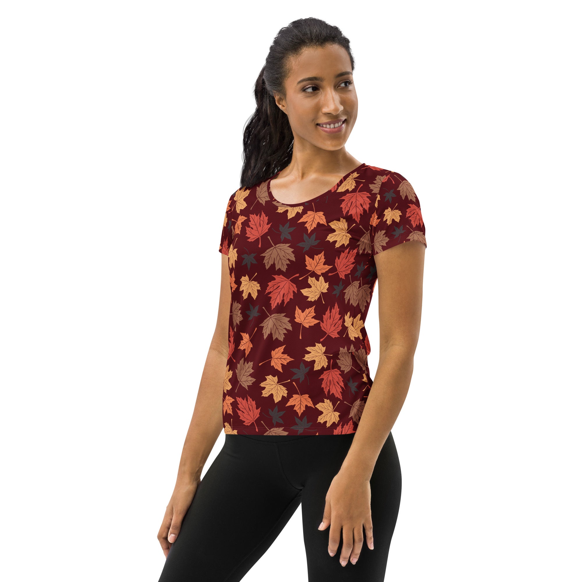Women’s Autumn Maple Leaves Athletic T-Shirt - Lightweight Moisture Wicking Workout Top with UPF 50+