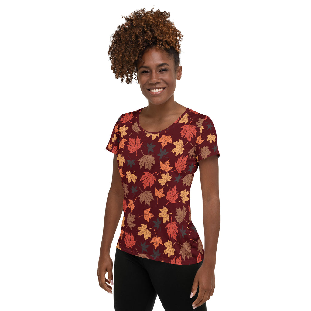 Women’s Autumn Maple Leaves Athletic T-Shirt - Lightweight Moisture Wicking Workout Top with UPF 50+
