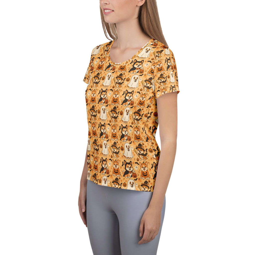 Women’s Corgi Halloween Athletic T-Shirt - Lightweight Moisture Wicking Workout Top with UPF 50+