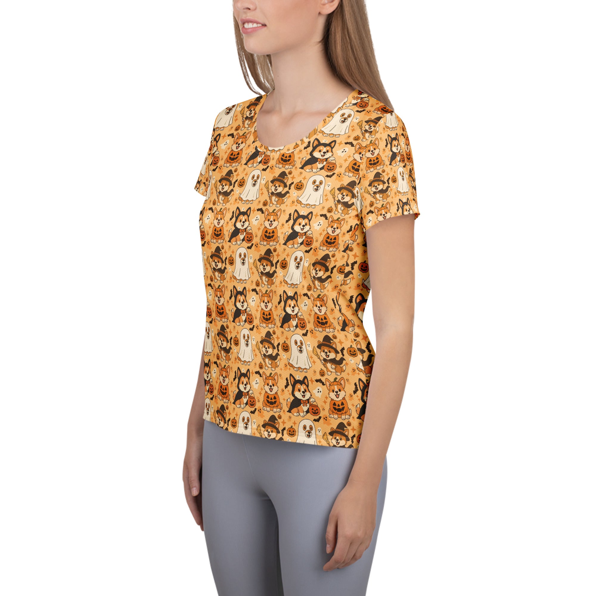 Women’s Corgi Halloween Athletic T-Shirt - Lightweight Moisture Wicking Workout Top with UPF 50+
