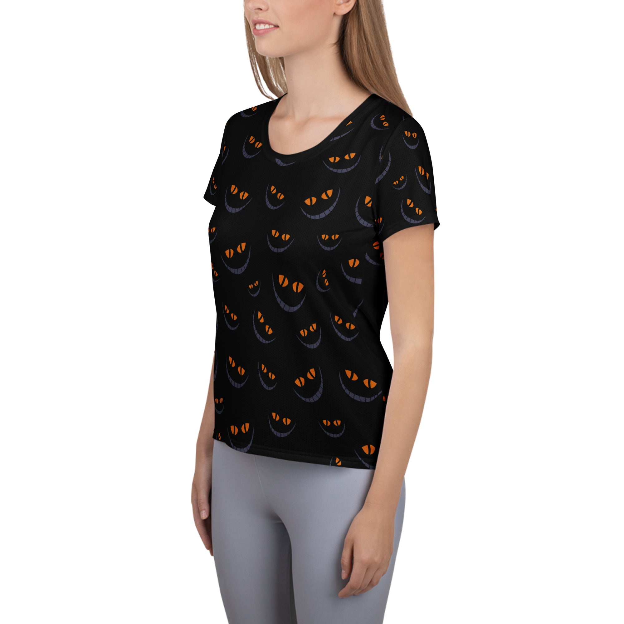 Women’s Creepy Cat Eyes Halloween Athletic T-Shirt - Lightweight Moisture Wicking Workout Top with UPF 50+