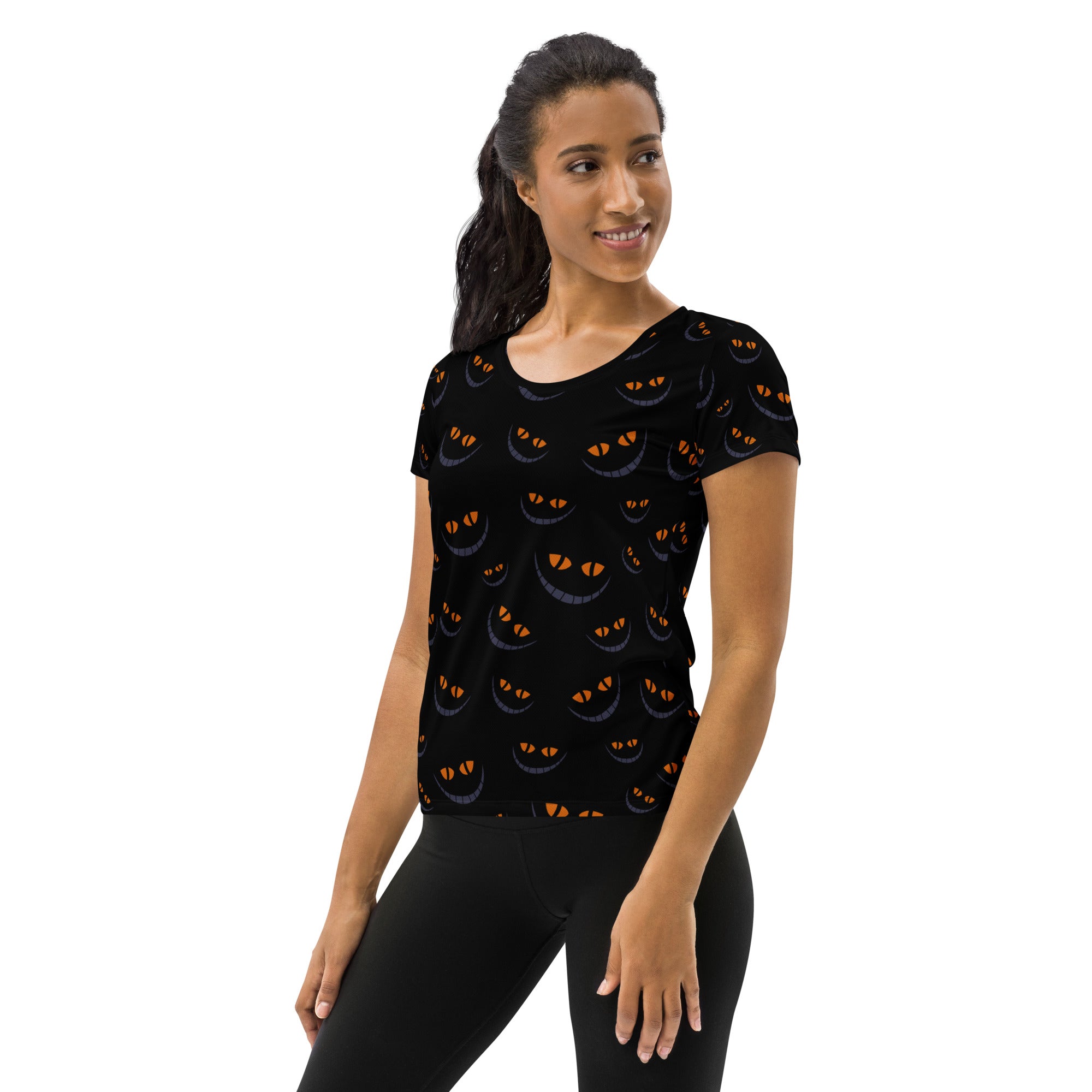Women’s Creepy Cat Eyes Halloween Athletic T-Shirt - Lightweight Moisture Wicking Workout Top with UPF 50+