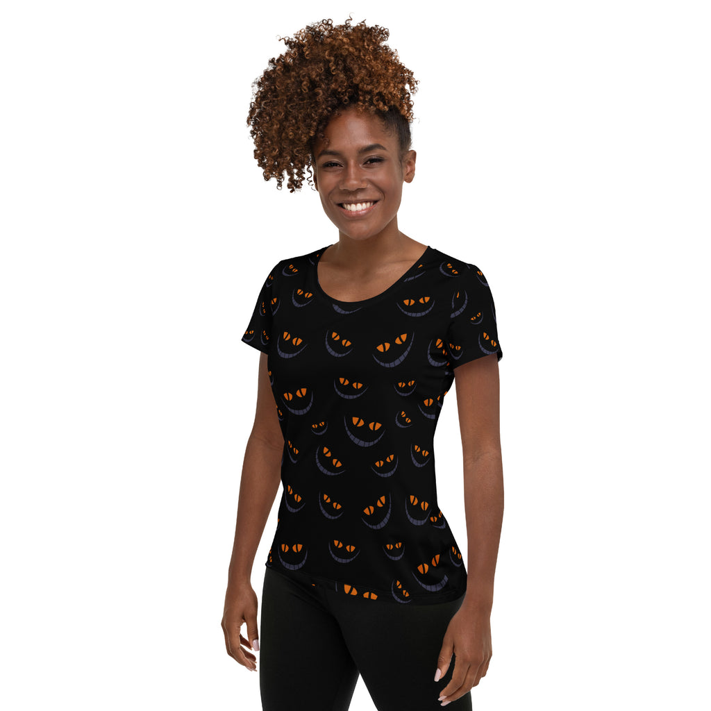 Women’s Creepy Cat Eyes Halloween Athletic T-Shirt - Lightweight Moisture Wicking Workout Top with UPF 50+