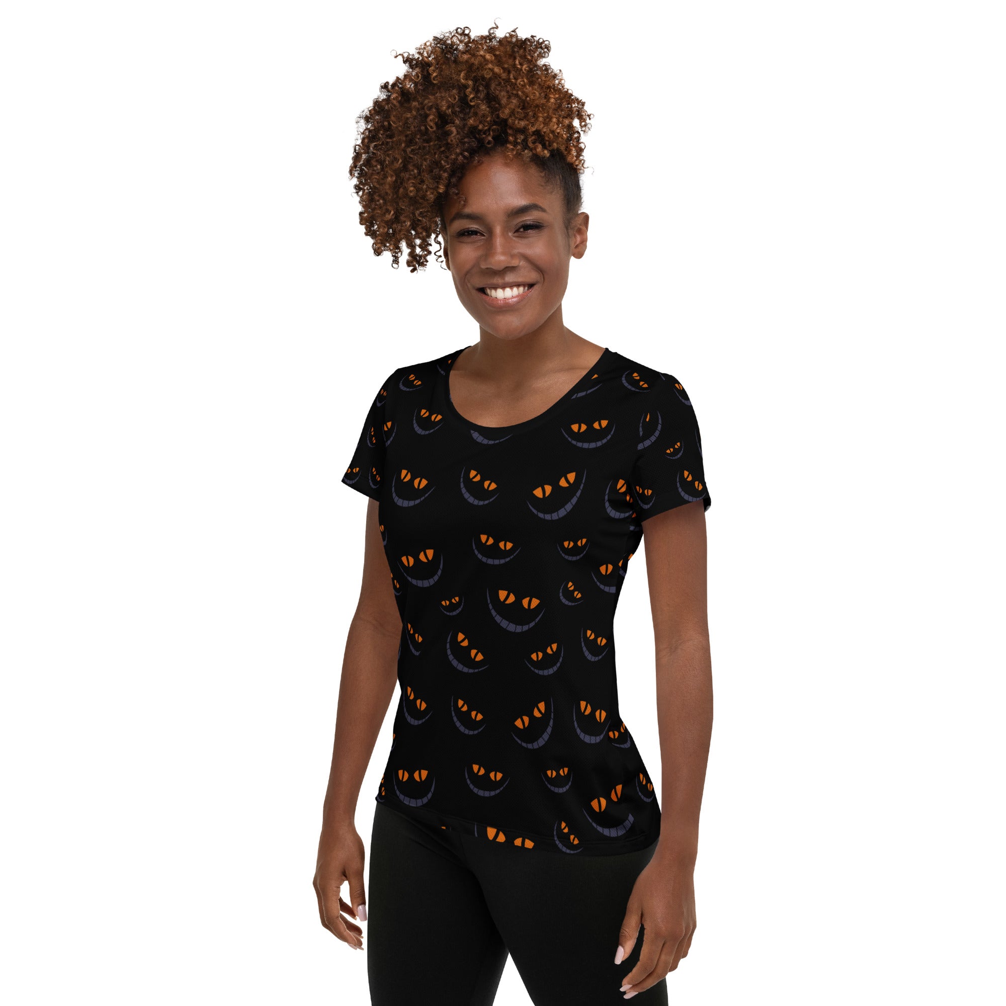 Women’s Creepy Cat Eyes Halloween Athletic T-Shirt - Lightweight Moisture Wicking Workout Top with UPF 50+