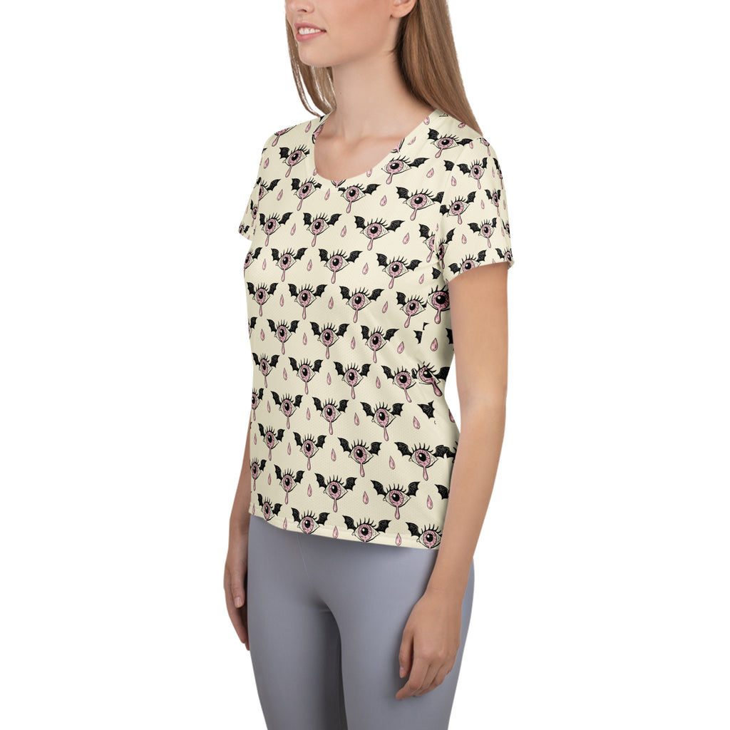 Women’s Creepy Eyeball Halloween Athletic T-Shirt - Lightweight Moisture Wicking Workout Top with UPF 50+