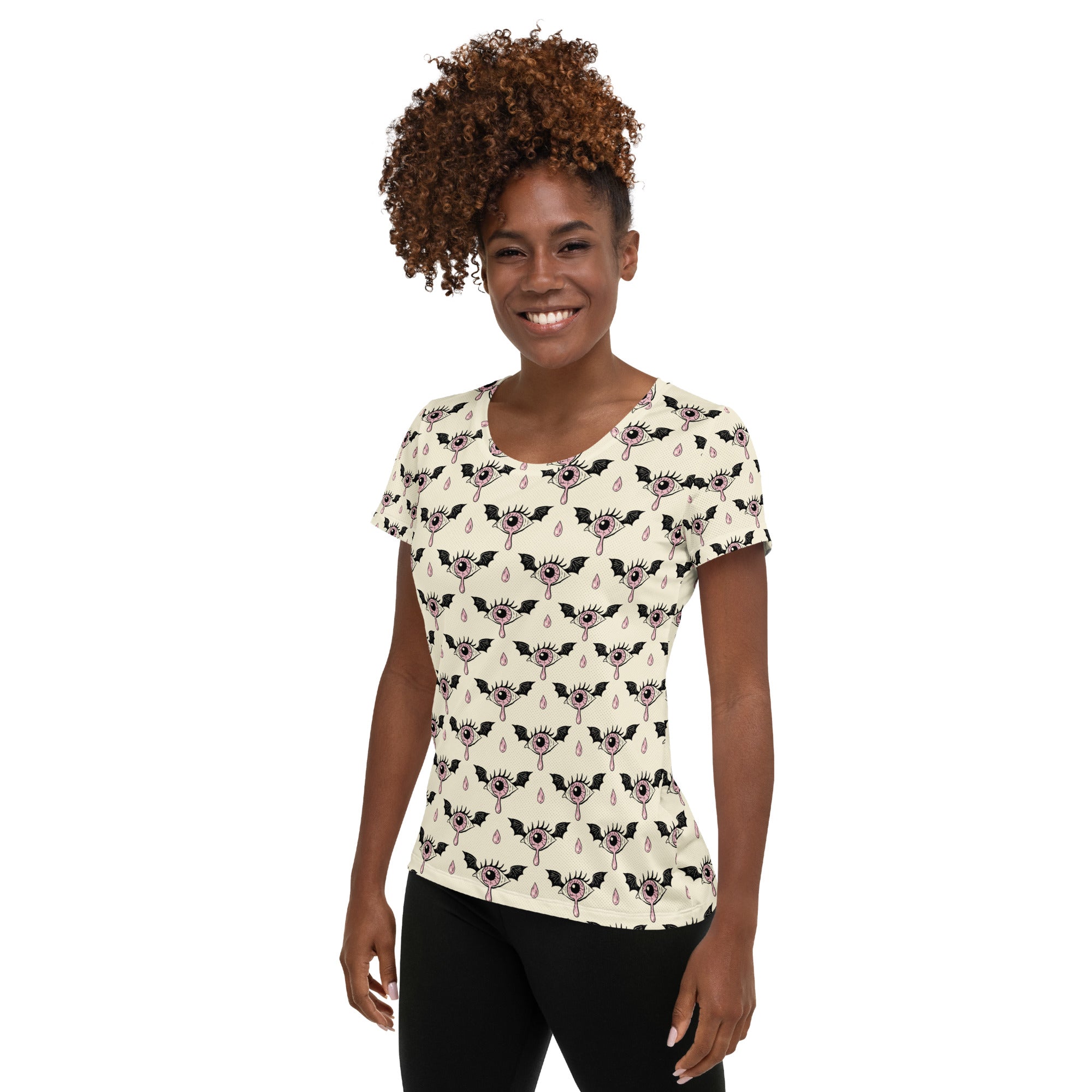 Women’s Creepy Eyeball Halloween Athletic T-Shirt - Lightweight Moisture Wicking Workout Top with UPF 50+
