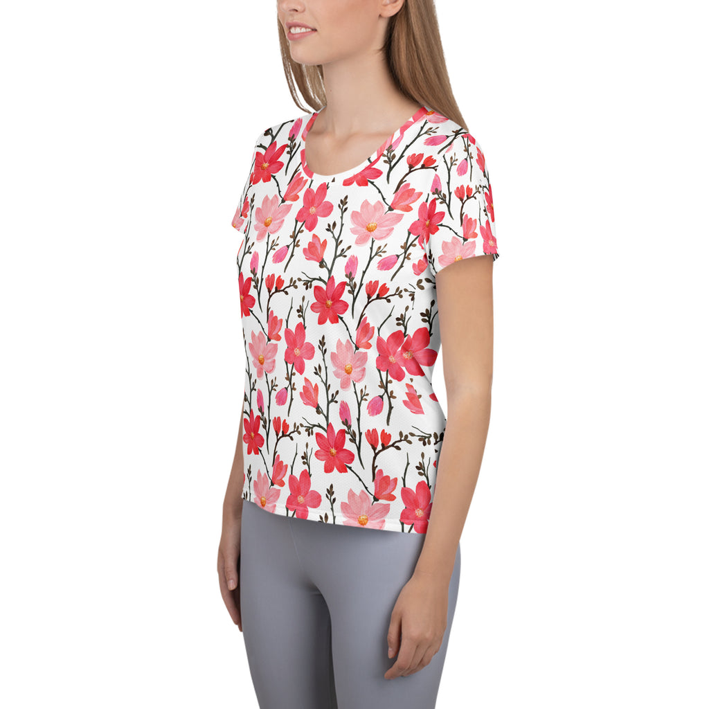 Women’s Pink Cherry Blossom Athletic T-Shirt - Lightweight Moisture Wicking Workout Top with UPF 50+