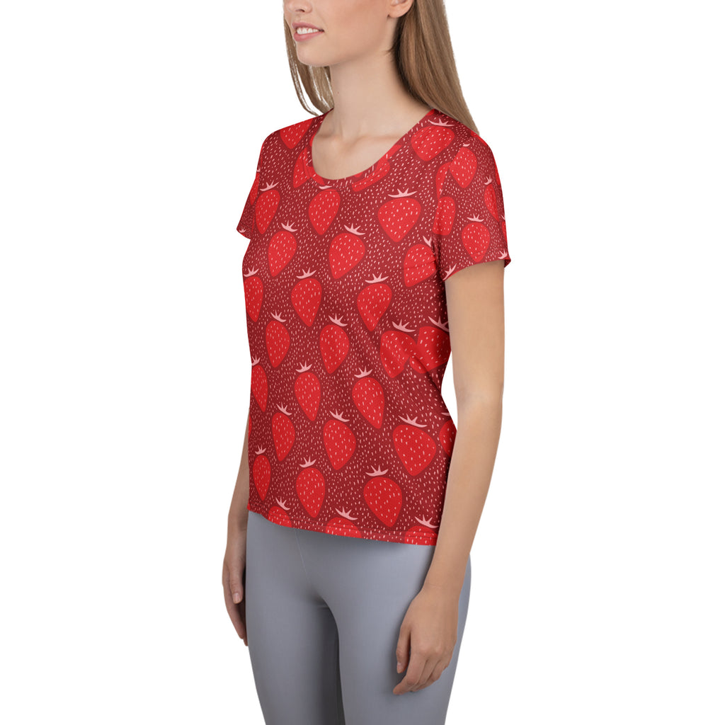 Women’s Red Strawberry Athletic T-Shirt - Lightweight Moisture Wicking Workout Top with UPF 50+
