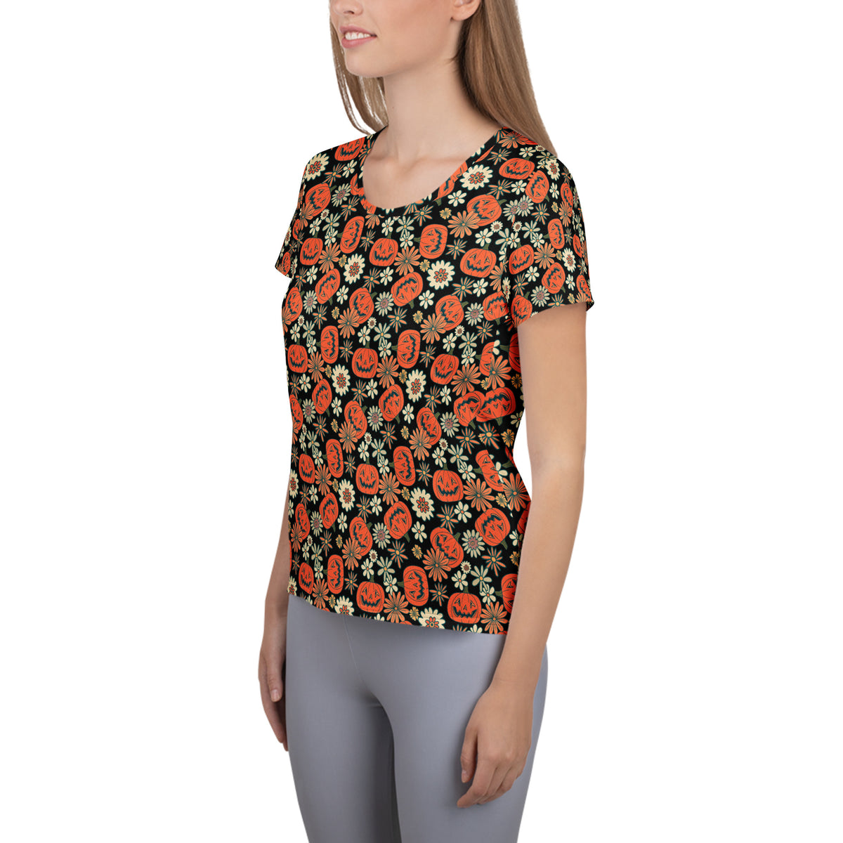 Women’s Retro Floral Pumpkin Halloween Athletic T-Shirt - Lightweight Moisture Wicking Workout Top With UPF 50+