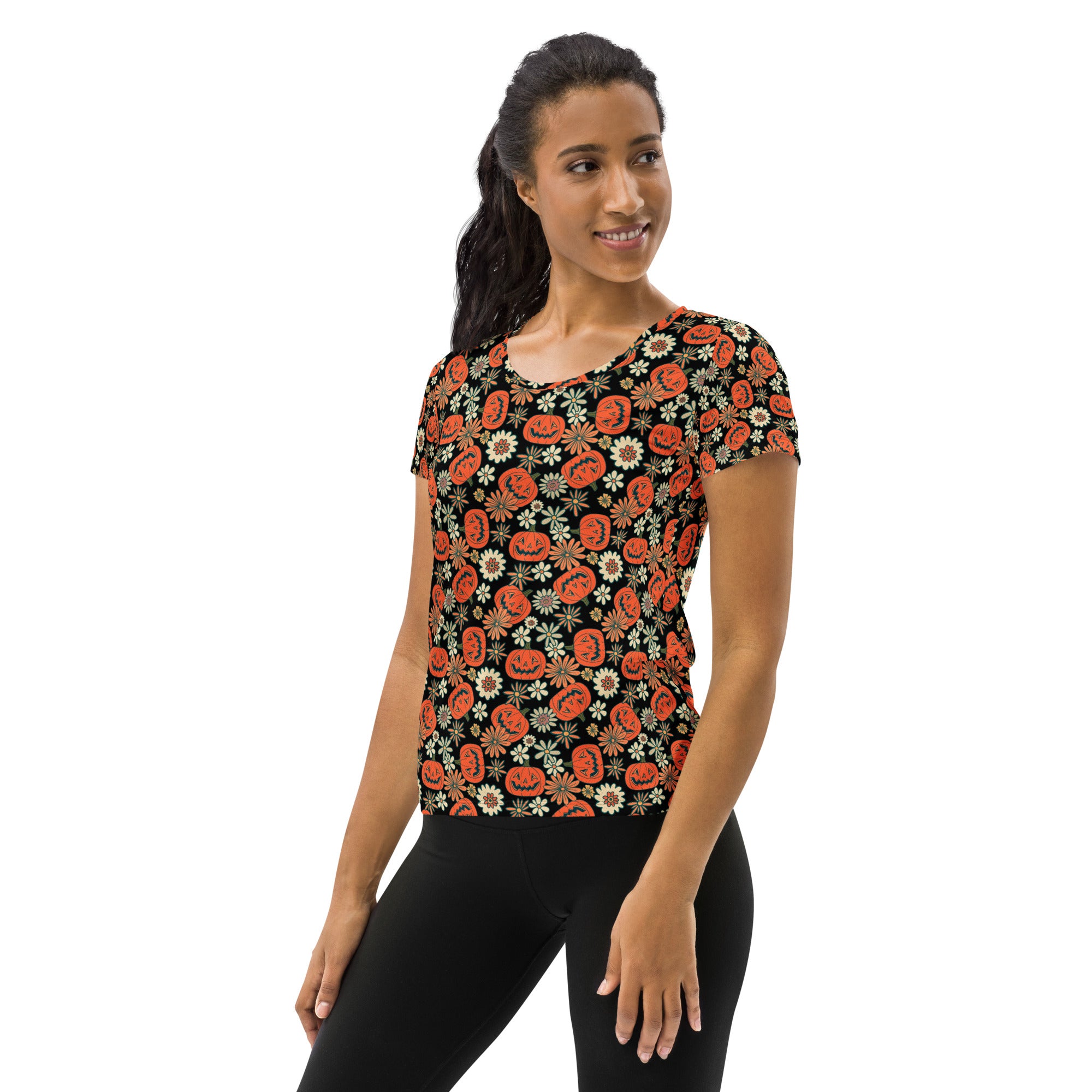 Women’s Retro Floral Pumpkin Halloween Athletic T-Shirt - Lightweight Moisture Wicking Workout Top With UPF 50+