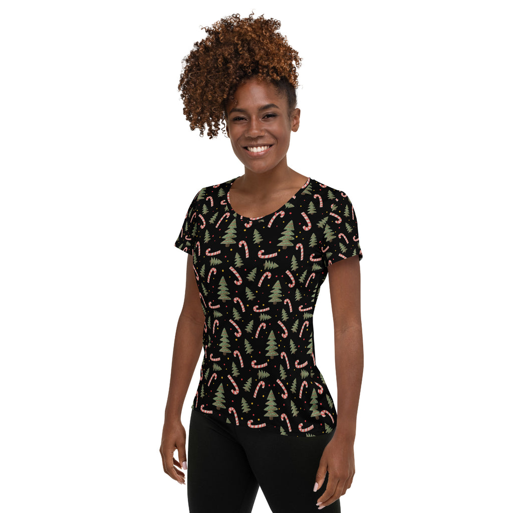 Women’s Christmas Tree & Candy Cane Athletic T-Shirt - Lightweight Moisture Wicking Workout Top with UPF 50+